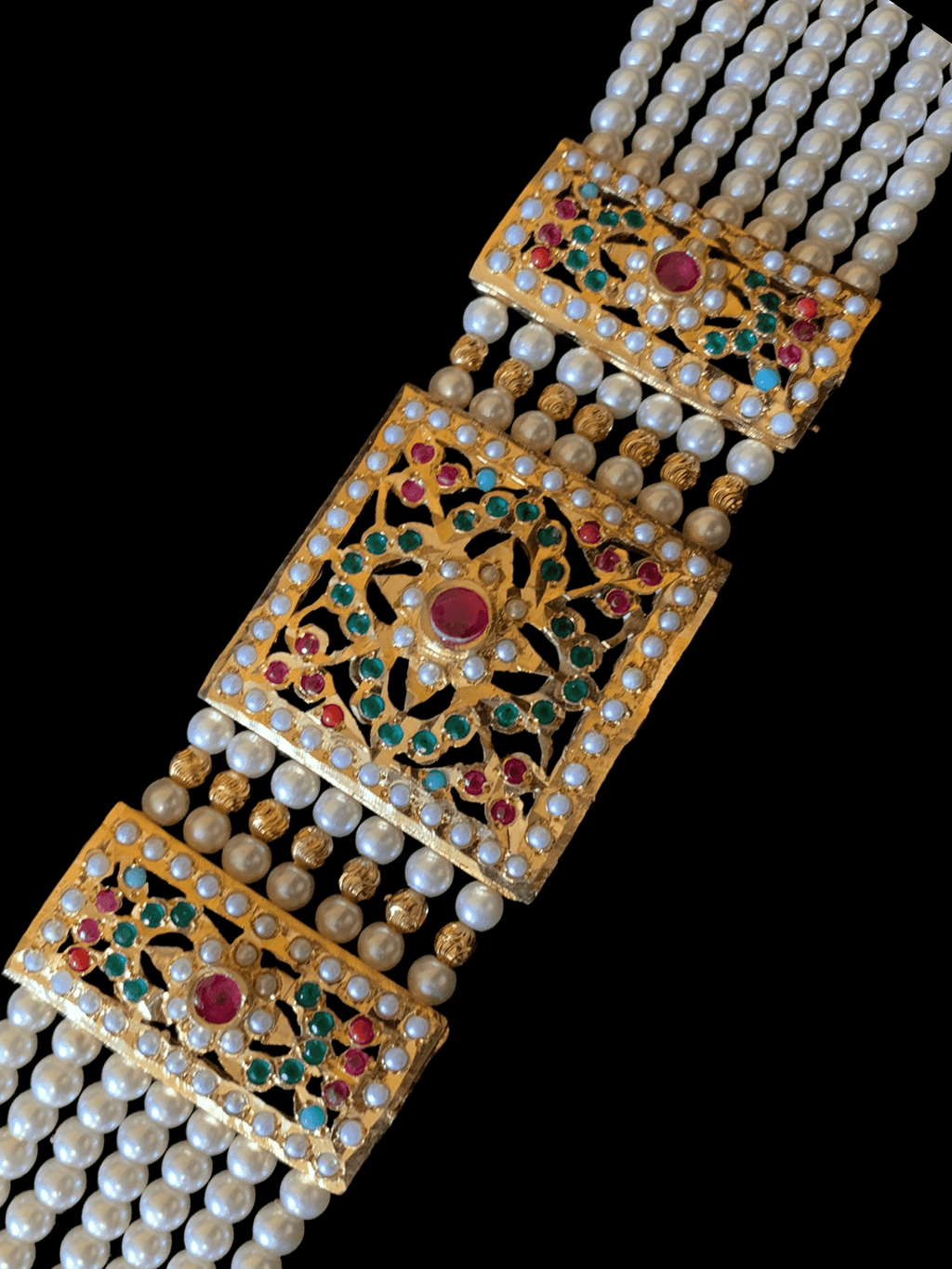 B66 Saira jadau bracelet in navratan with pearls    ( READY TO SHIP )