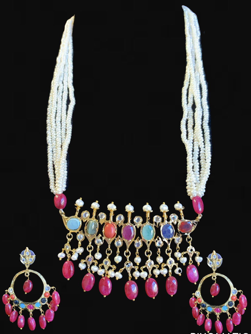 PS509 Tirmani Necklace in Navratan with Freshwater Pearls and Chandbali Earrings – Gold-Plated Lightweight Jewelry ( READY TO SHIP )