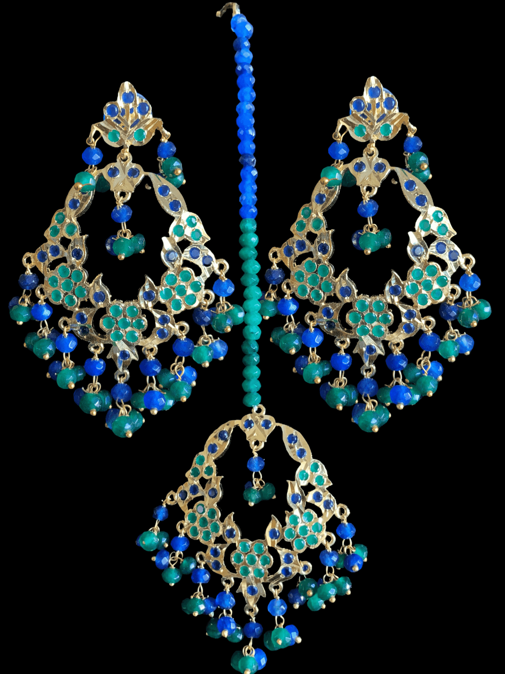 DJET24 Madhuri earrings tika set in blue green    ( READY TO SHIP)