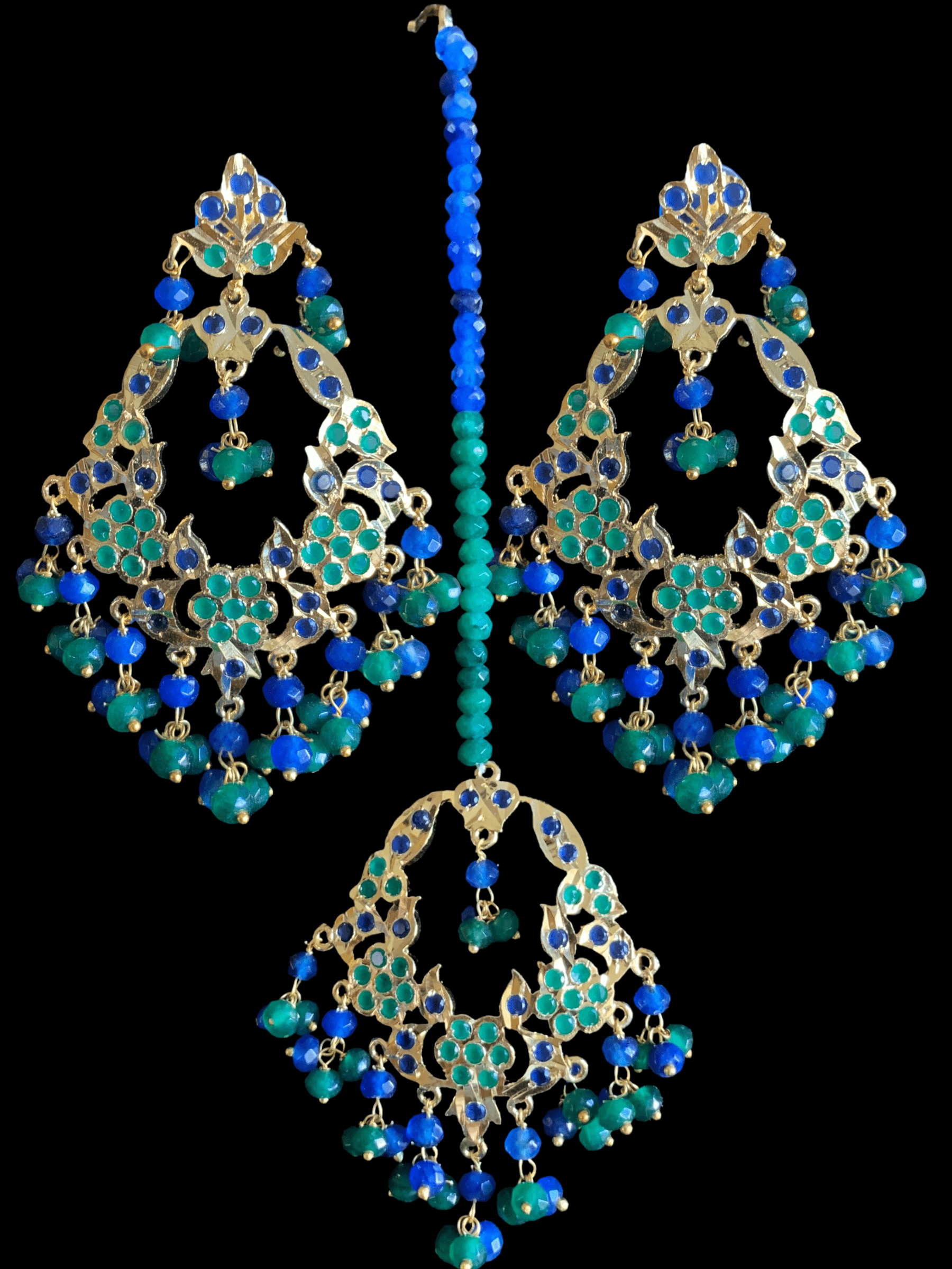 DJET24 Madhuri earrings tika set in blue green    ( READY TO SHIP)