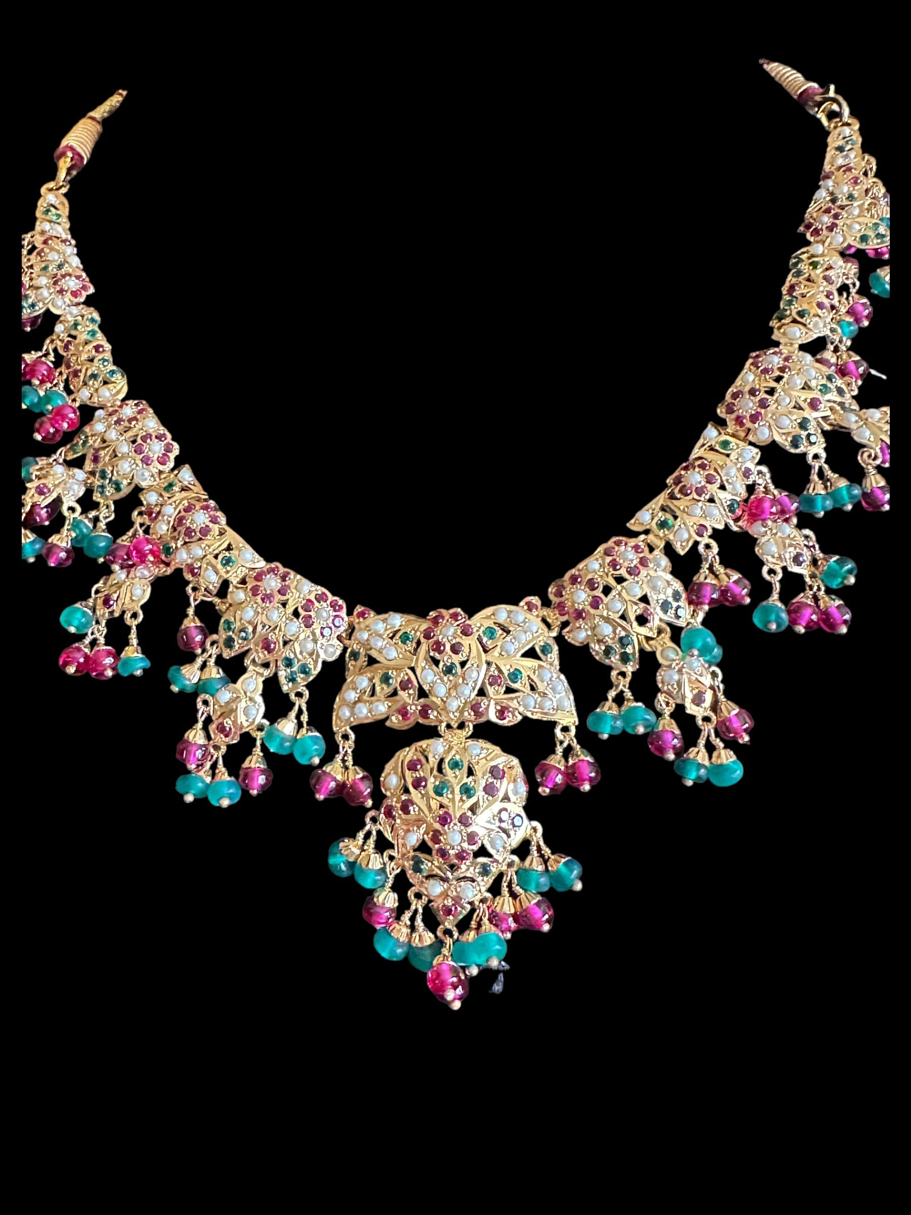 Ruby emerald pearl jadau necklace with earrings in gold plated silver ( READY TO SHIP)