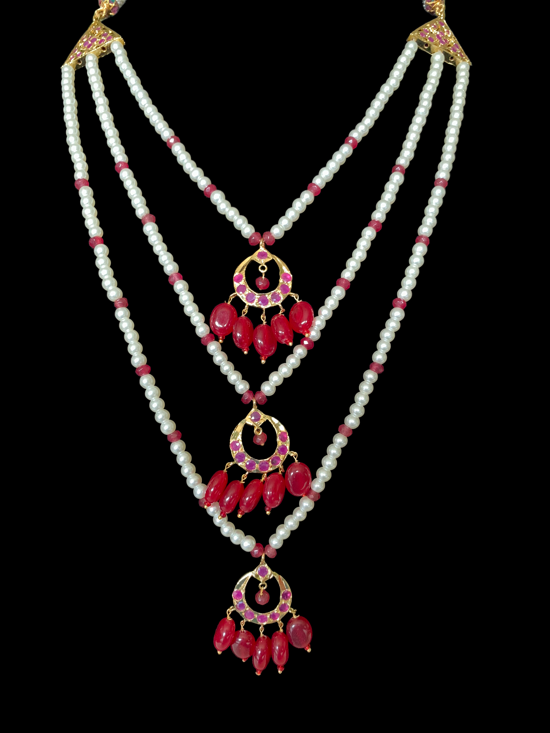 SAT72 Seema three layer  necklace with chandbali- ruby  ( READY TO SHIP )
