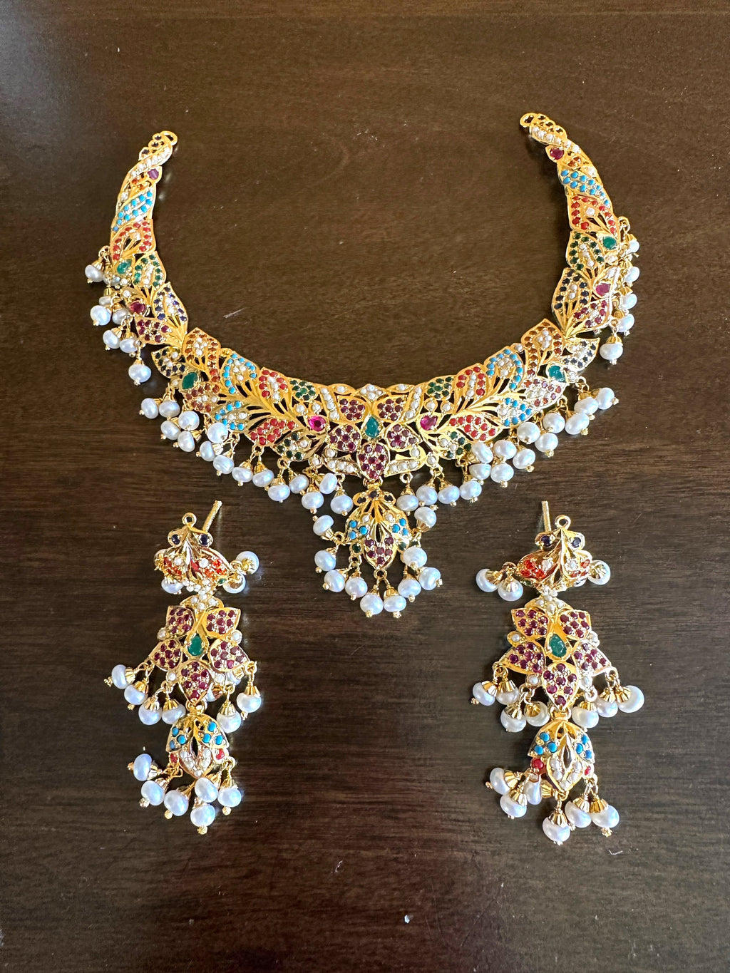 Navratan necklace  set with fresh water pearls in gold plated silver ( READY TO SHIP )