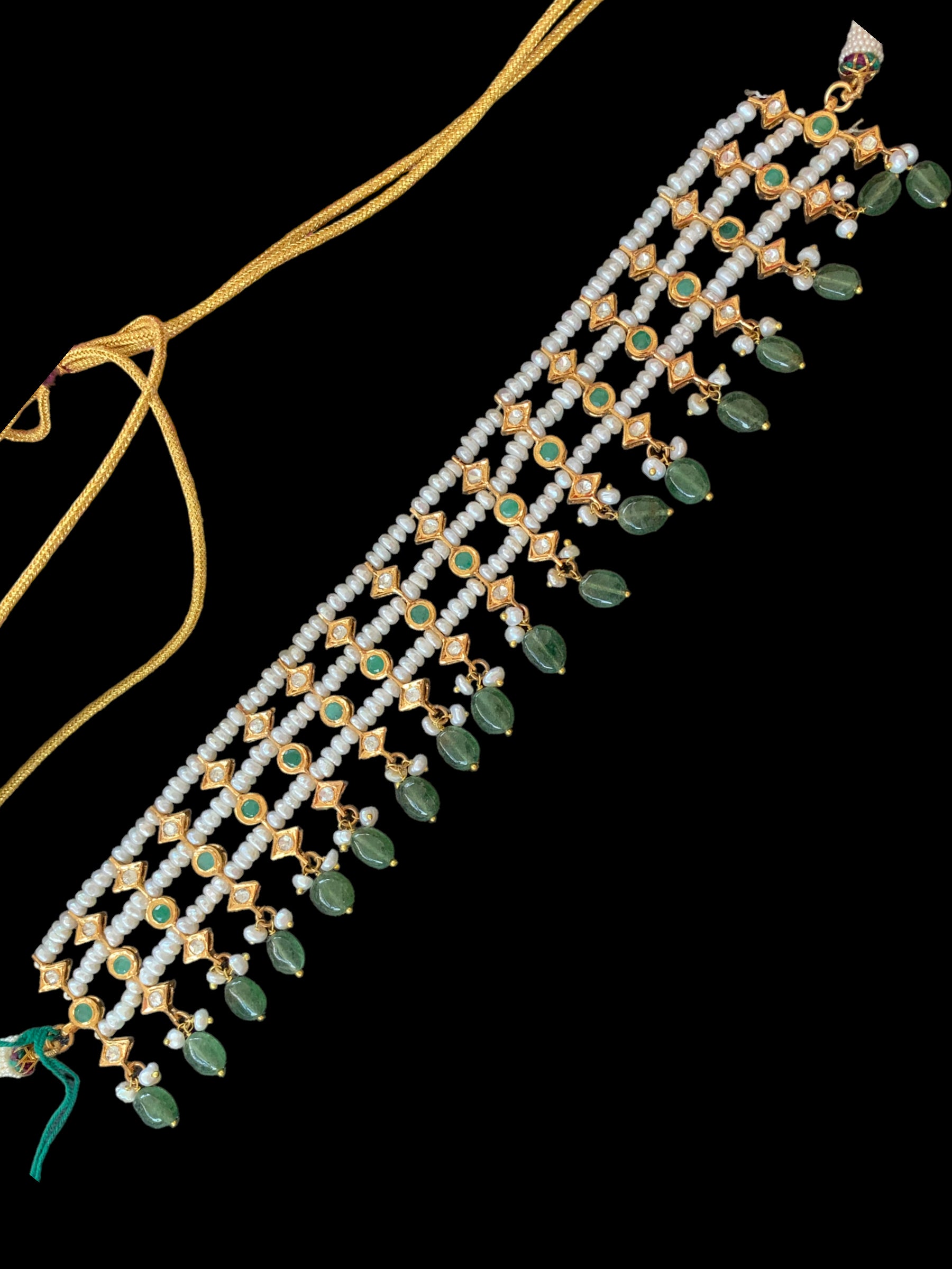 Sidra gold plated choker in emeralds and fresh water pearls ( SHIPS IN 4 WEEKS  )