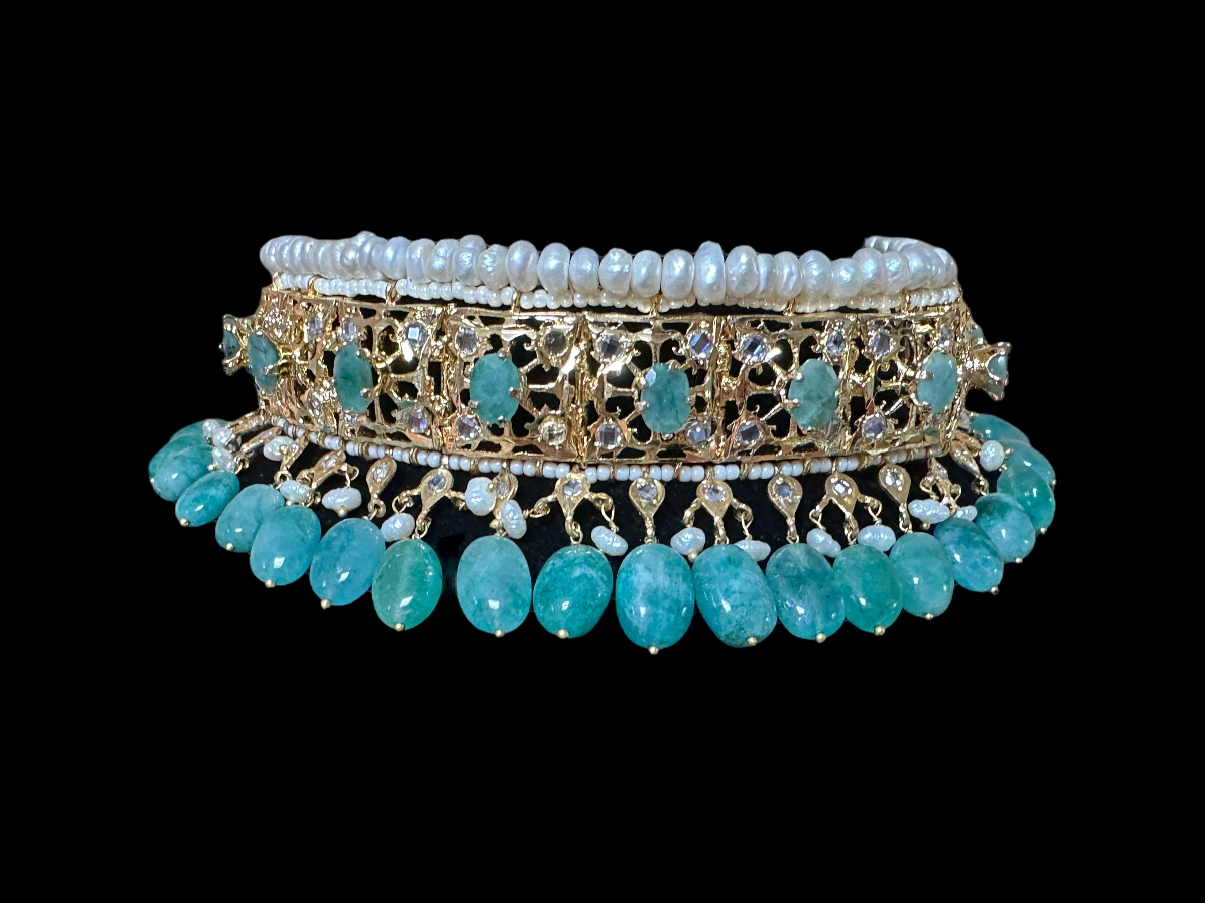 C266 Hyderabadi jadavi lacha in fresh water  pearls and emerald beads (READY TO SHIP  )