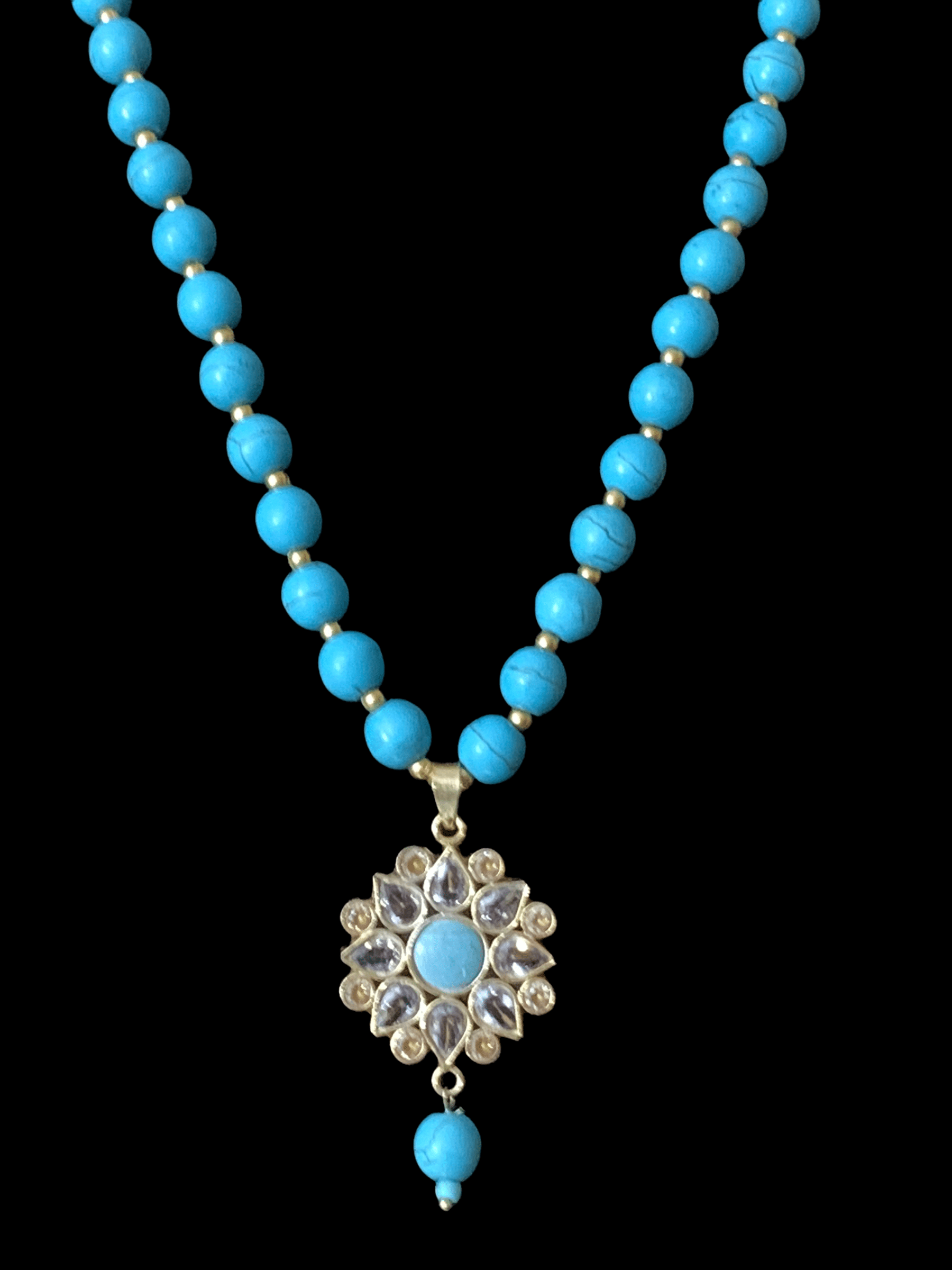 PS374 Naveen Feroza Kundan and beads pendant and earrings set (READY TO SHIP )