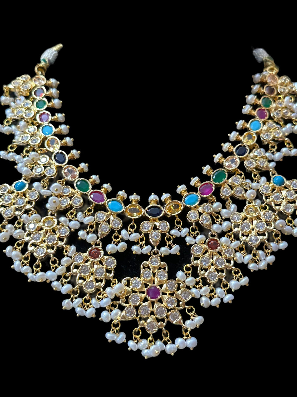 DNS29 Navratan   necklace with earrings - fresh water pearls ( READY TO SHIP )