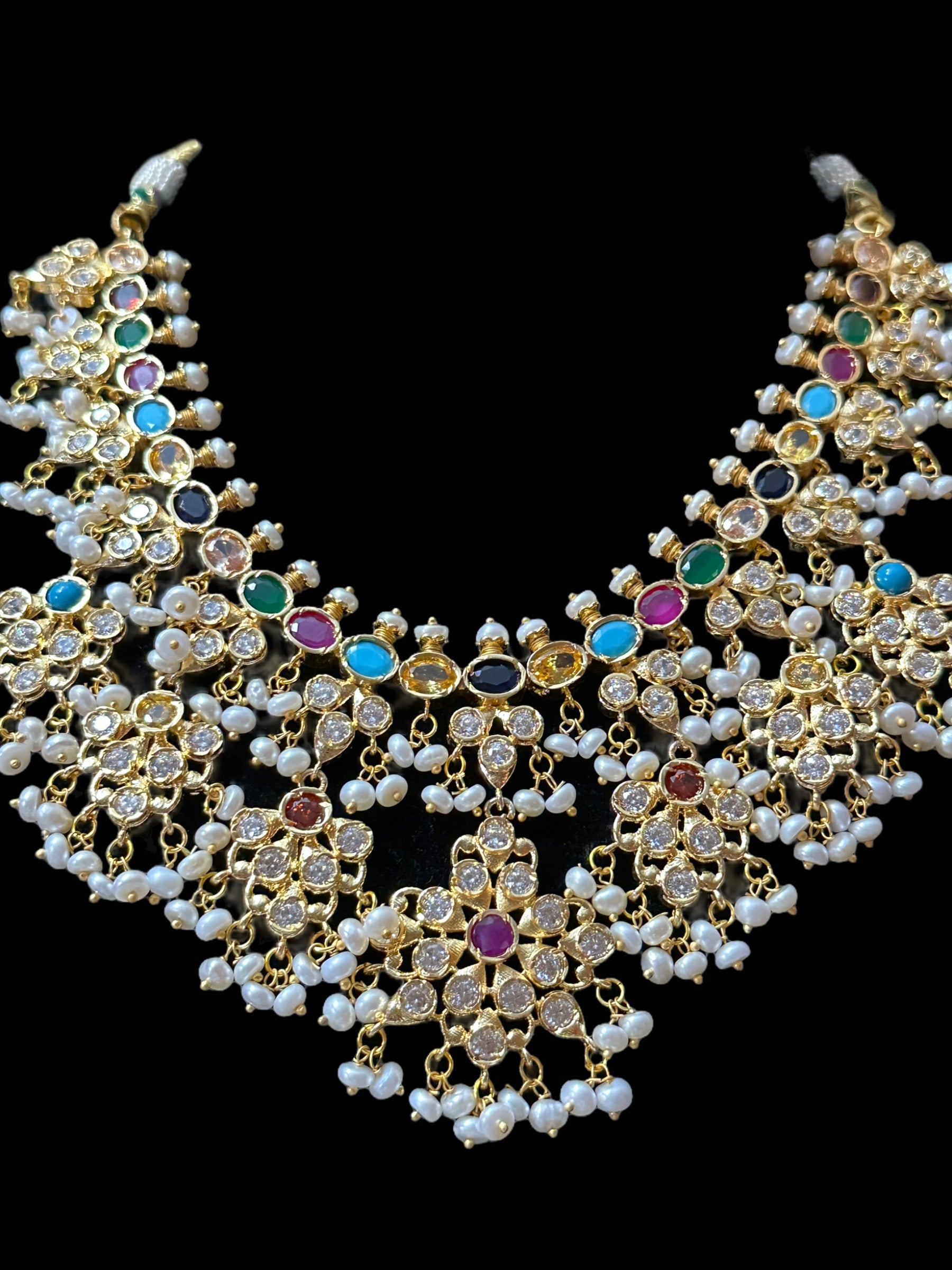 DNS29 Navratan   necklace with earrings - fresh water pearls ( READY TO SHIP )