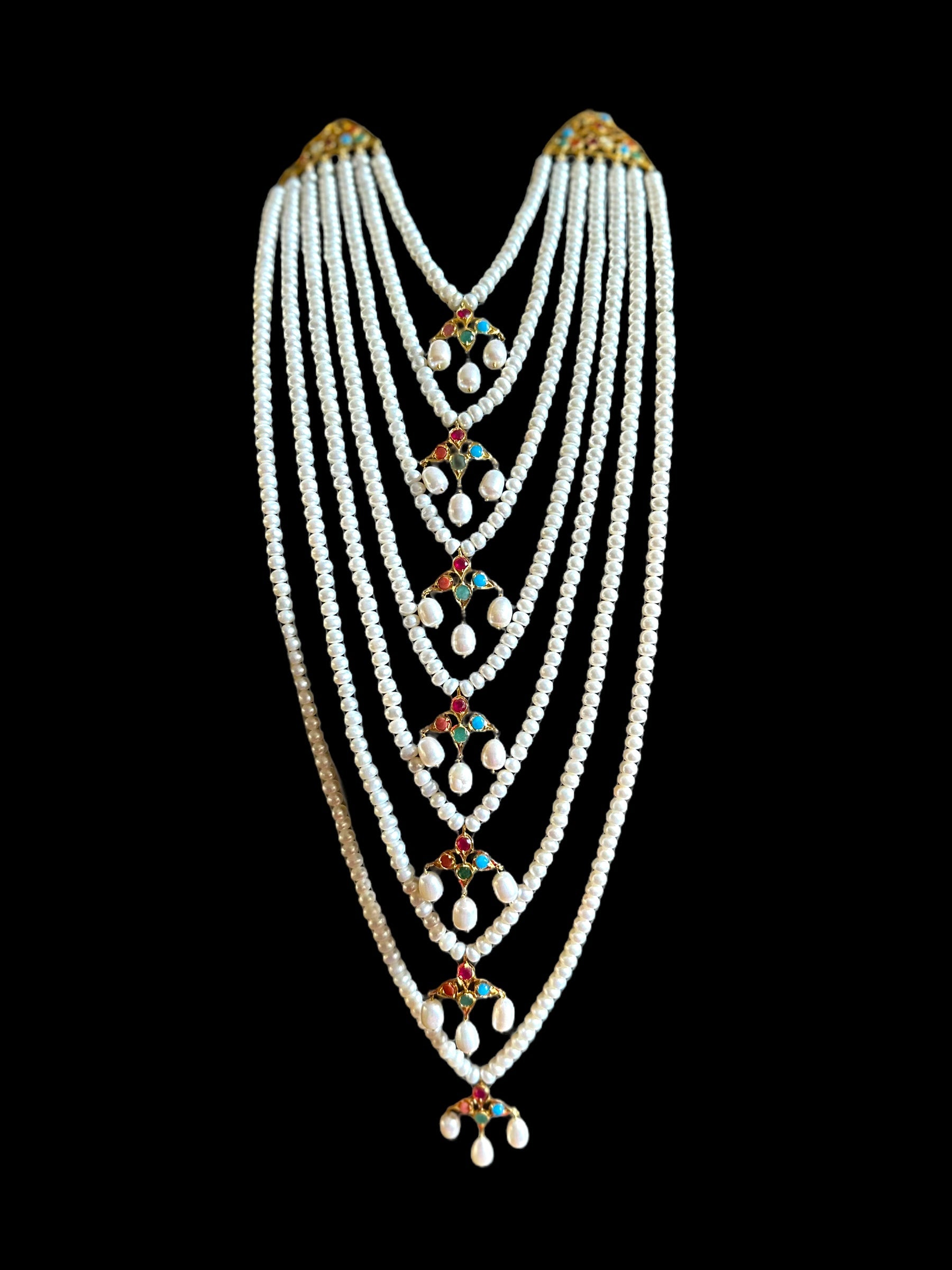 Hyderabadi Navratan satlada in gold plated silver with fresh water pearls (SHIPS IN 5 WEEKS  )