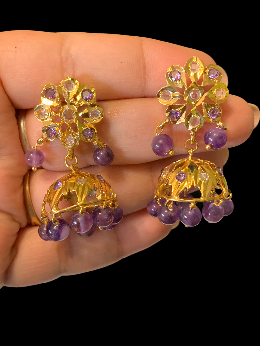 DER349 Amethyst jhumka in flower tops ( SHIPS IN 2 WEEKS )