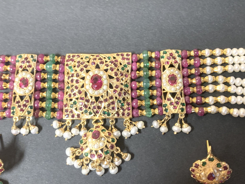 Ruby emerald jadau choker set in gold plated silver ( SHIPS IN 5 WEEKS )