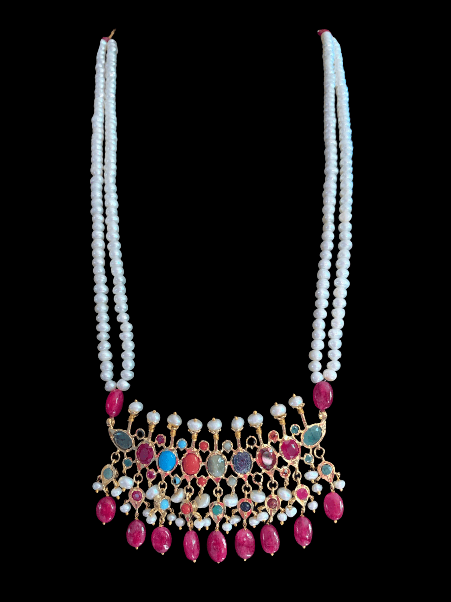 PS510 Navratan Tirmani Necklace with Oversized Jhumka Earrings – Gold-Plated Jewelry with Freshwater Pearls and Real Ruby Beads  ( READY TO SHIP )