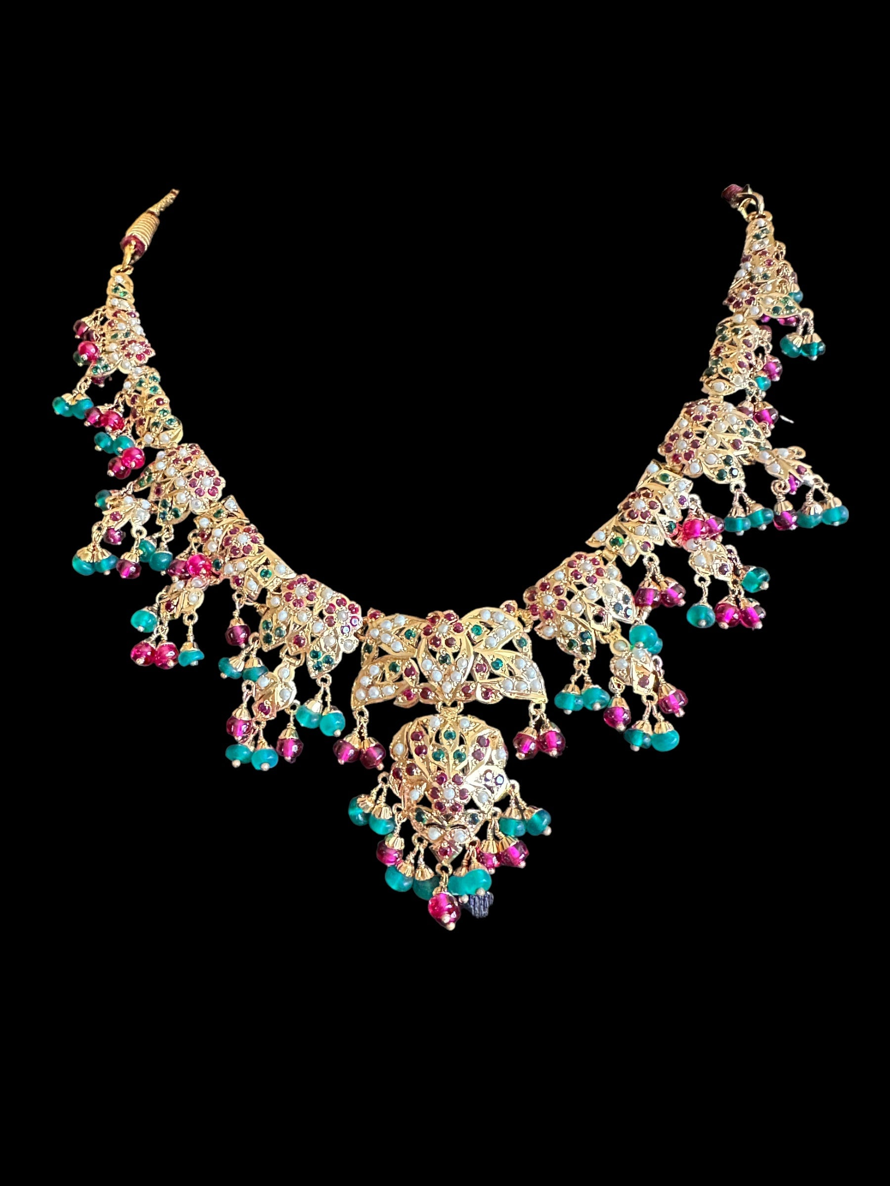 Ruby emerald pearl jadau necklace with earrings in gold plated silver ( READY TO SHIP)