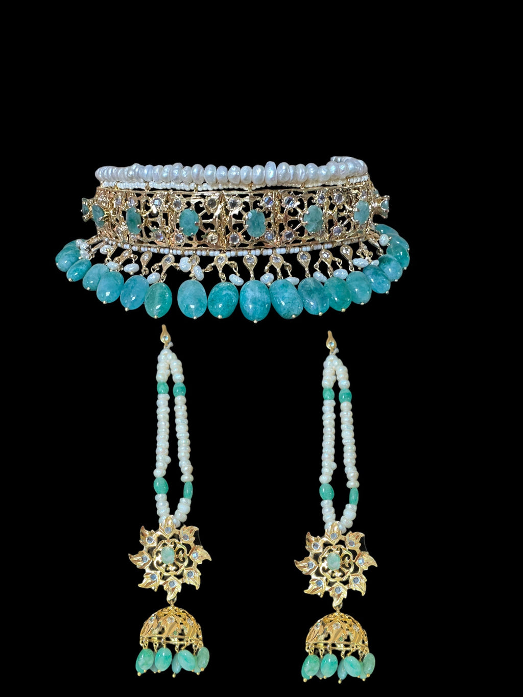 C266 Hyderabadi jadavi lacha in fresh water  pearls and emerald beads (READY TO SHIP  )