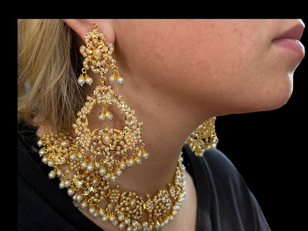 DNS14 Niyati pearl jadau necklace with earrings tika ( READY TO SHIP )