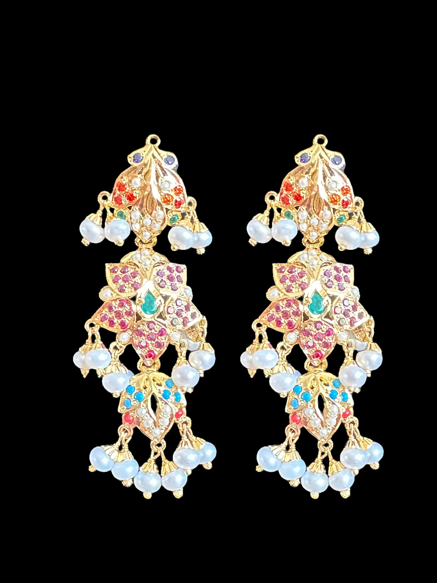 Navratan necklace  set with fresh water pearls in gold plated silver ( READY TO SHIP )