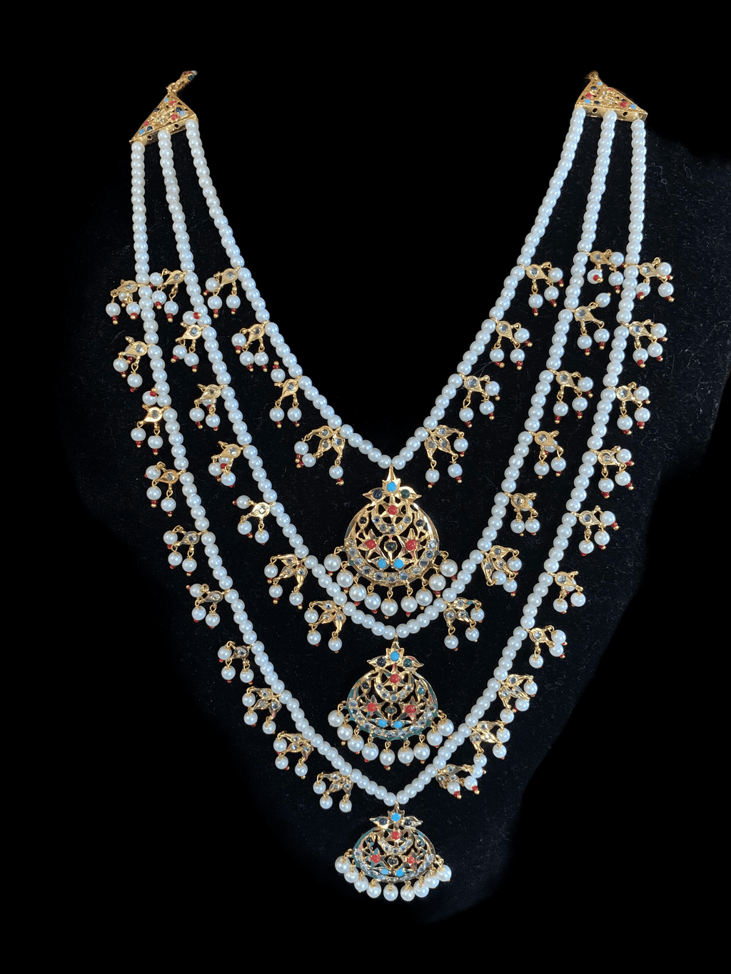 SAT23 Tooba ruby three layered pearl necklace with earrings and Tika - navratan  (READY TO SHIP )