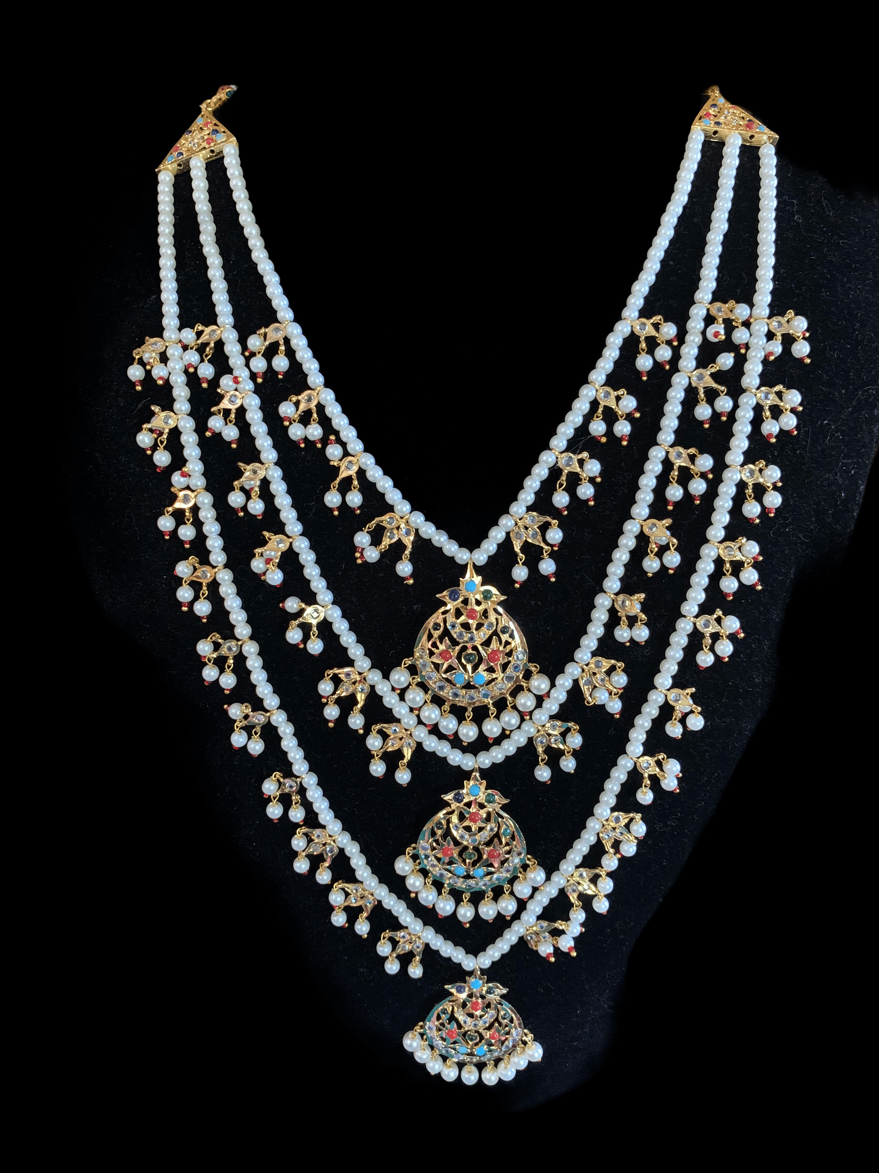 SAT23 Tooba ruby three layered pearl necklace with earrings and Tika - navratan  (READY TO SHIP )