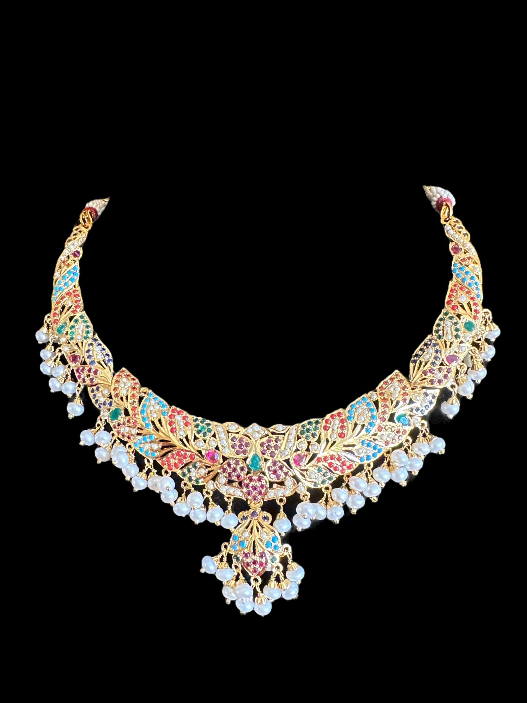 Navratan necklace  set with fresh water pearls in gold plated silver ( READY TO SHIP )