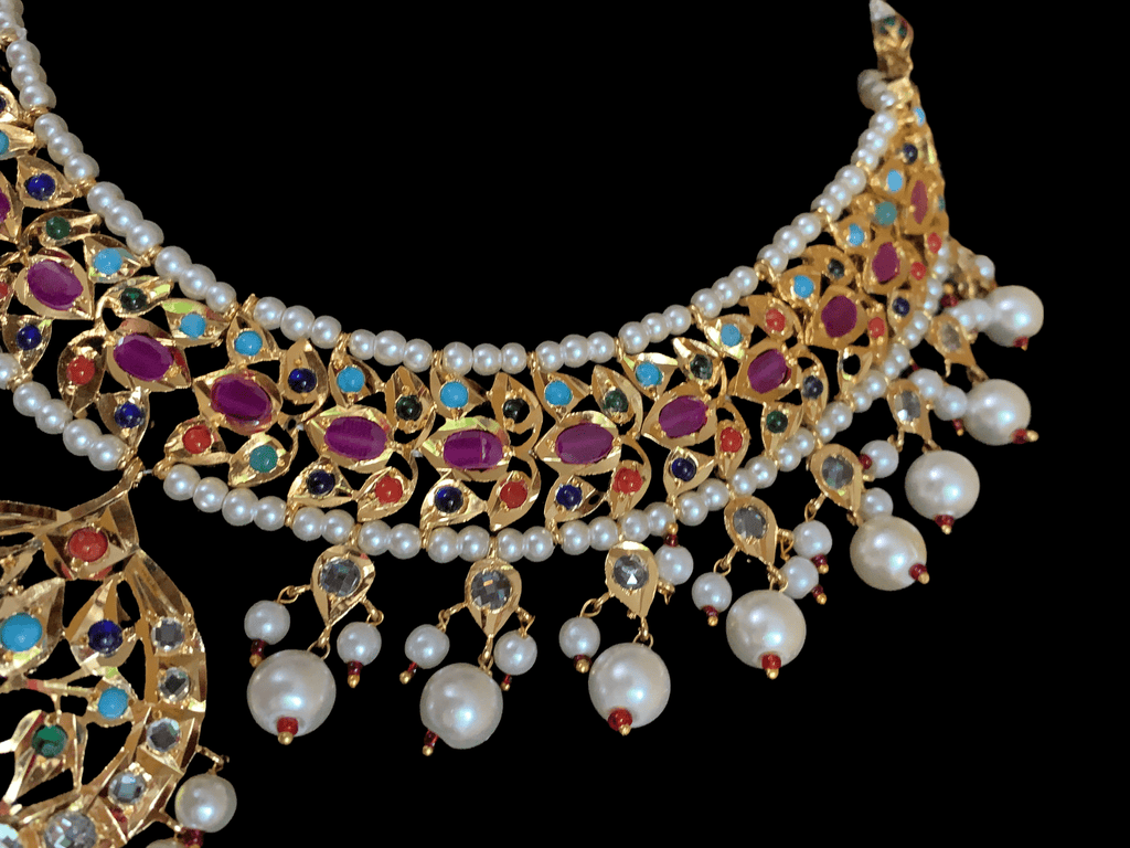 NS96 Neema navratan hyderabadi necklace set ( SHIPS IN 4 WEEKS)