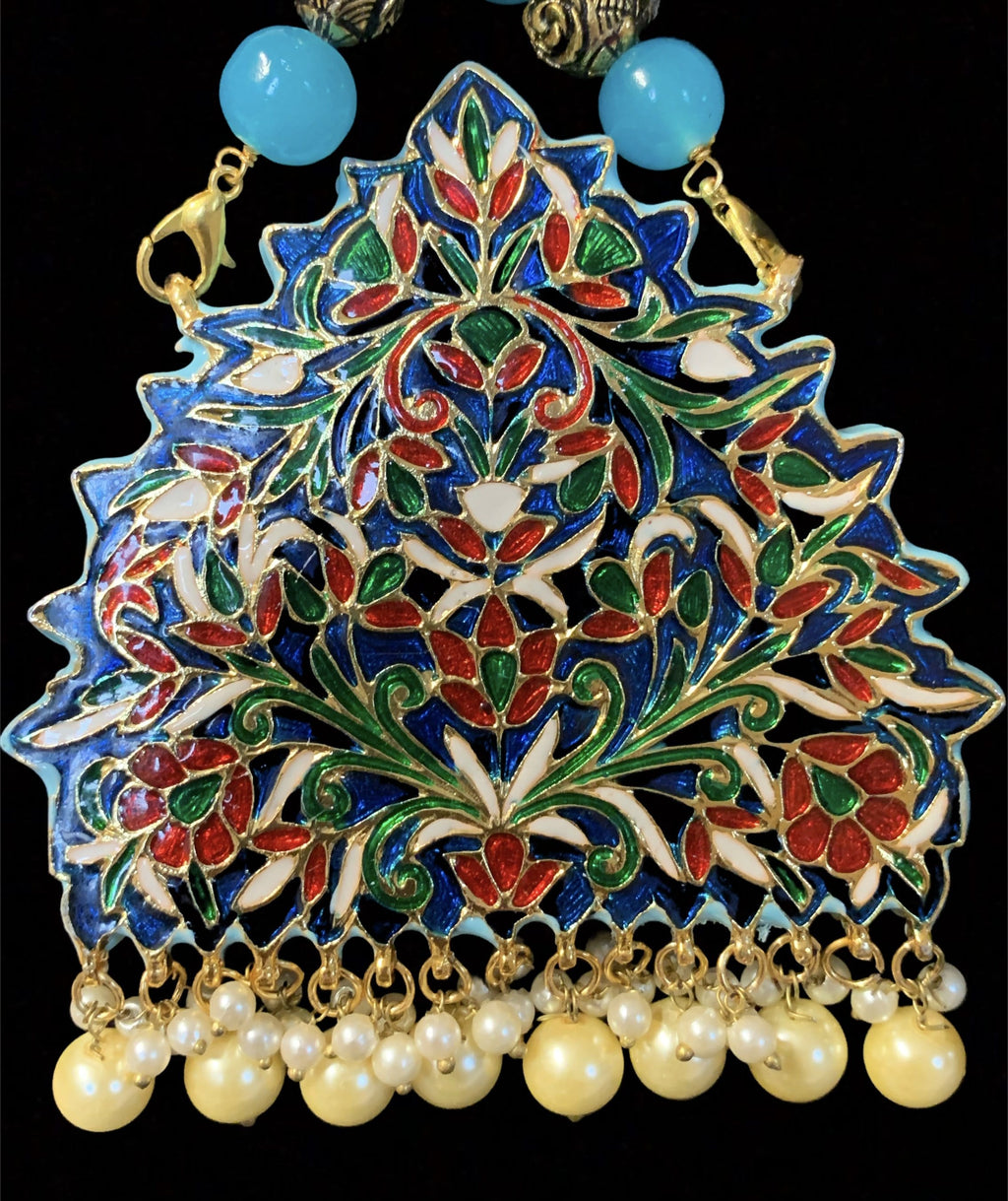 PS333Turquoise kundan meenakari pendant set