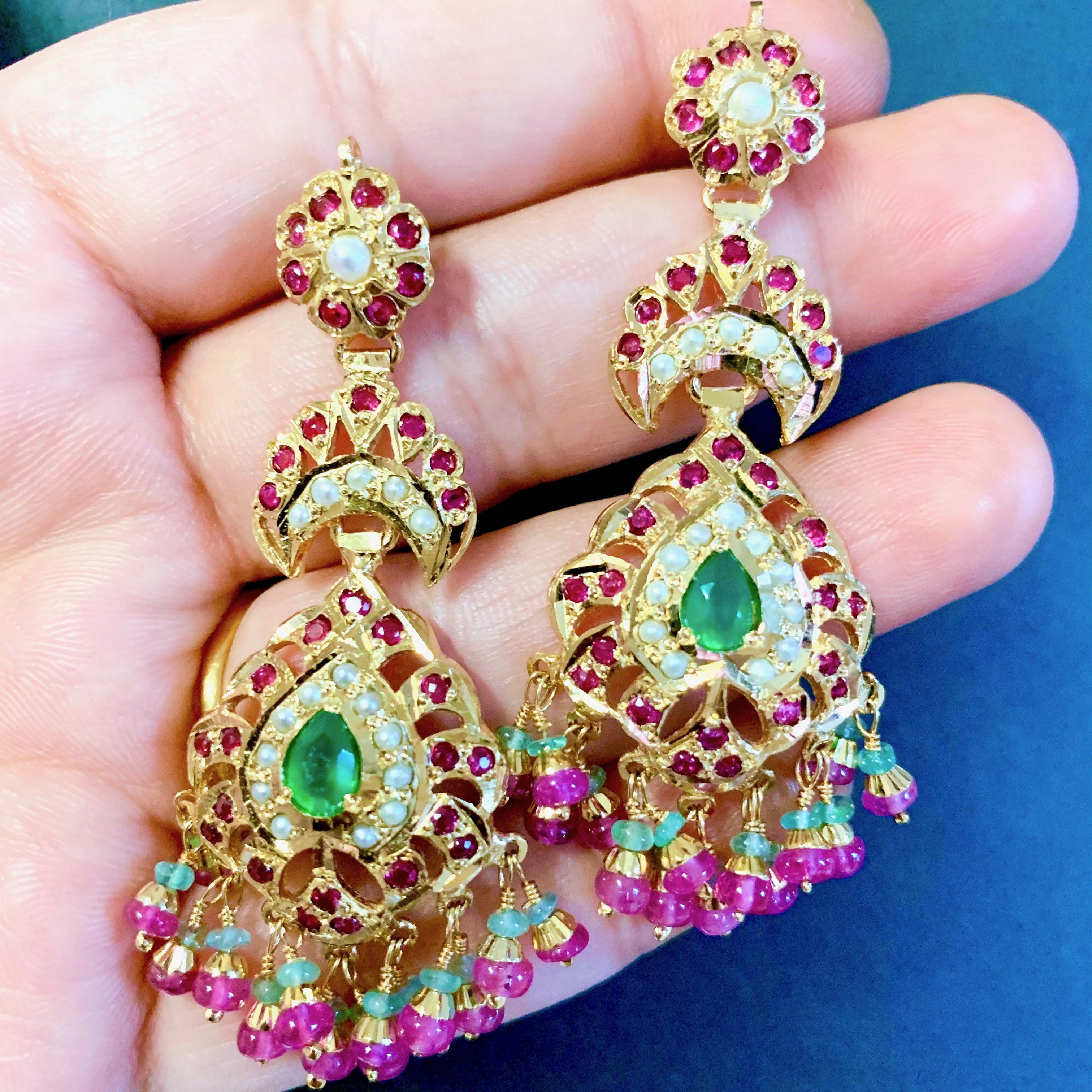 Multicolored Jadau Dangler Earrings in Gold Plated Silver ( SHIPS IN 4 WEEKS )