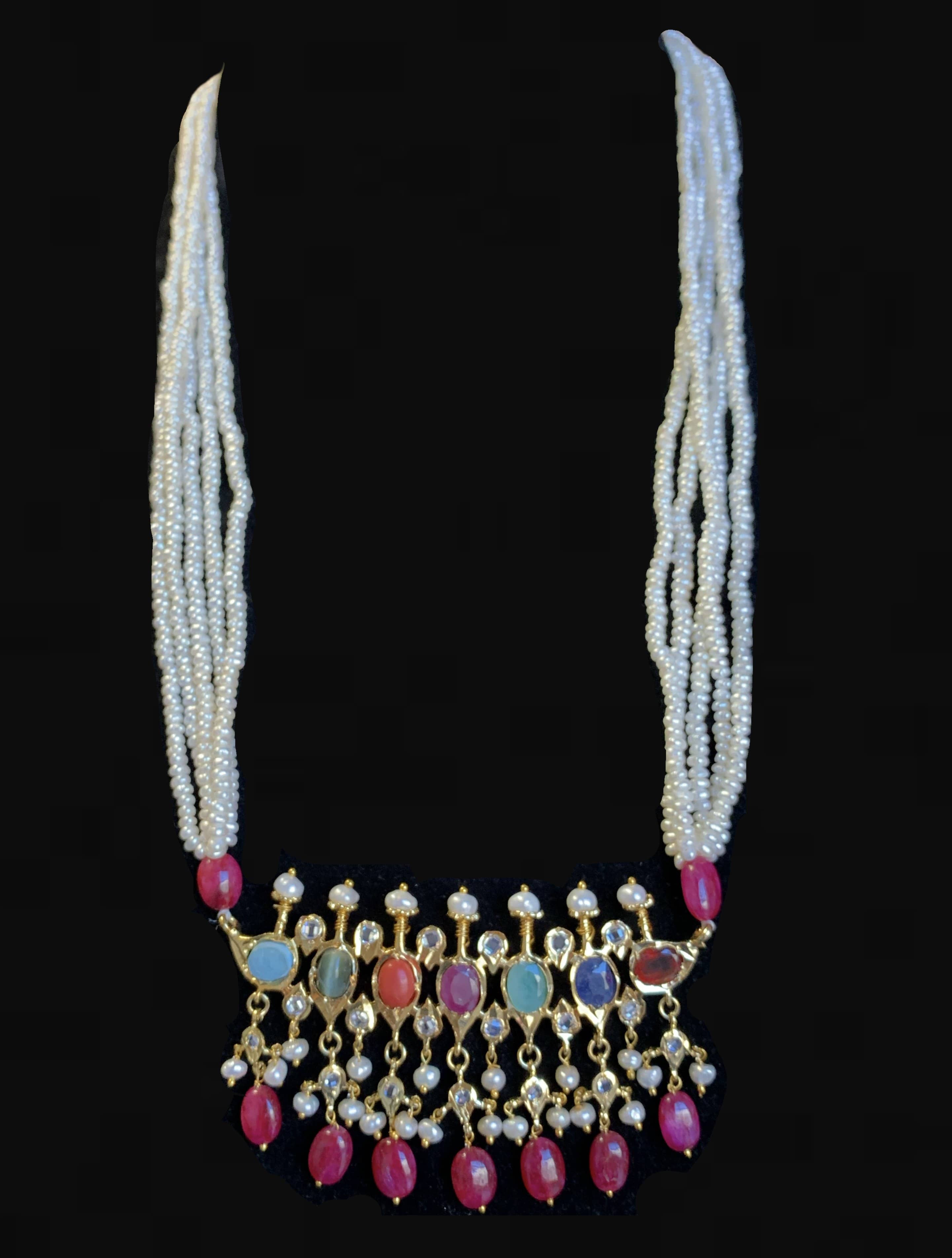 PS509 Tirmani Necklace in Navratan with Freshwater Pearls and Chandbali Earrings – Gold-Plated Lightweight Jewelry ( READY TO SHIP )