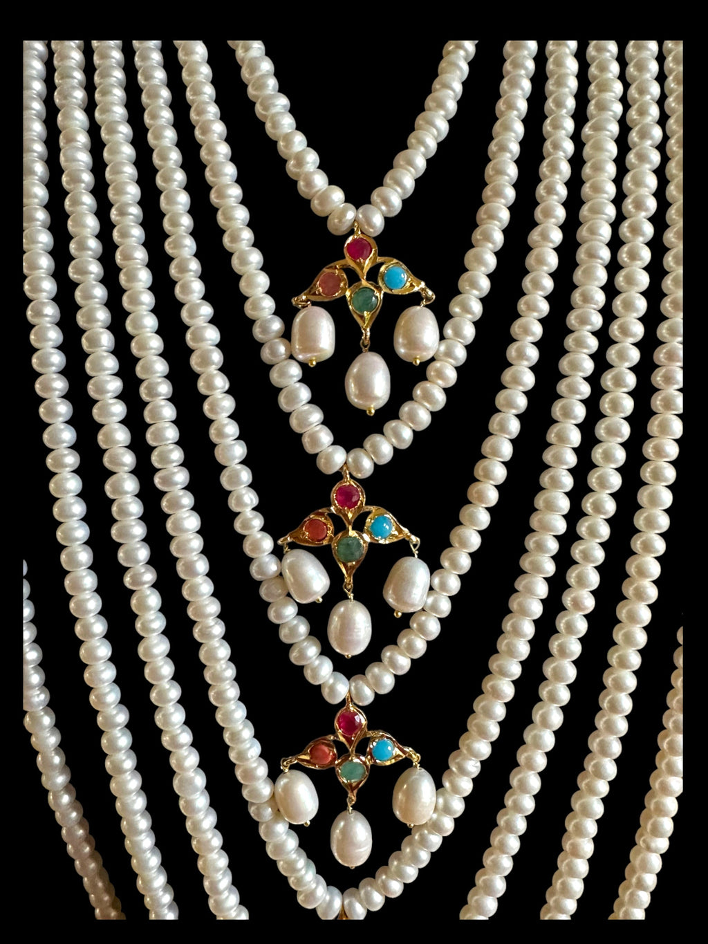 Hyderabadi Navratan satlada in gold plated silver with fresh water pearls (SHIPS IN 5 WEEKS  )