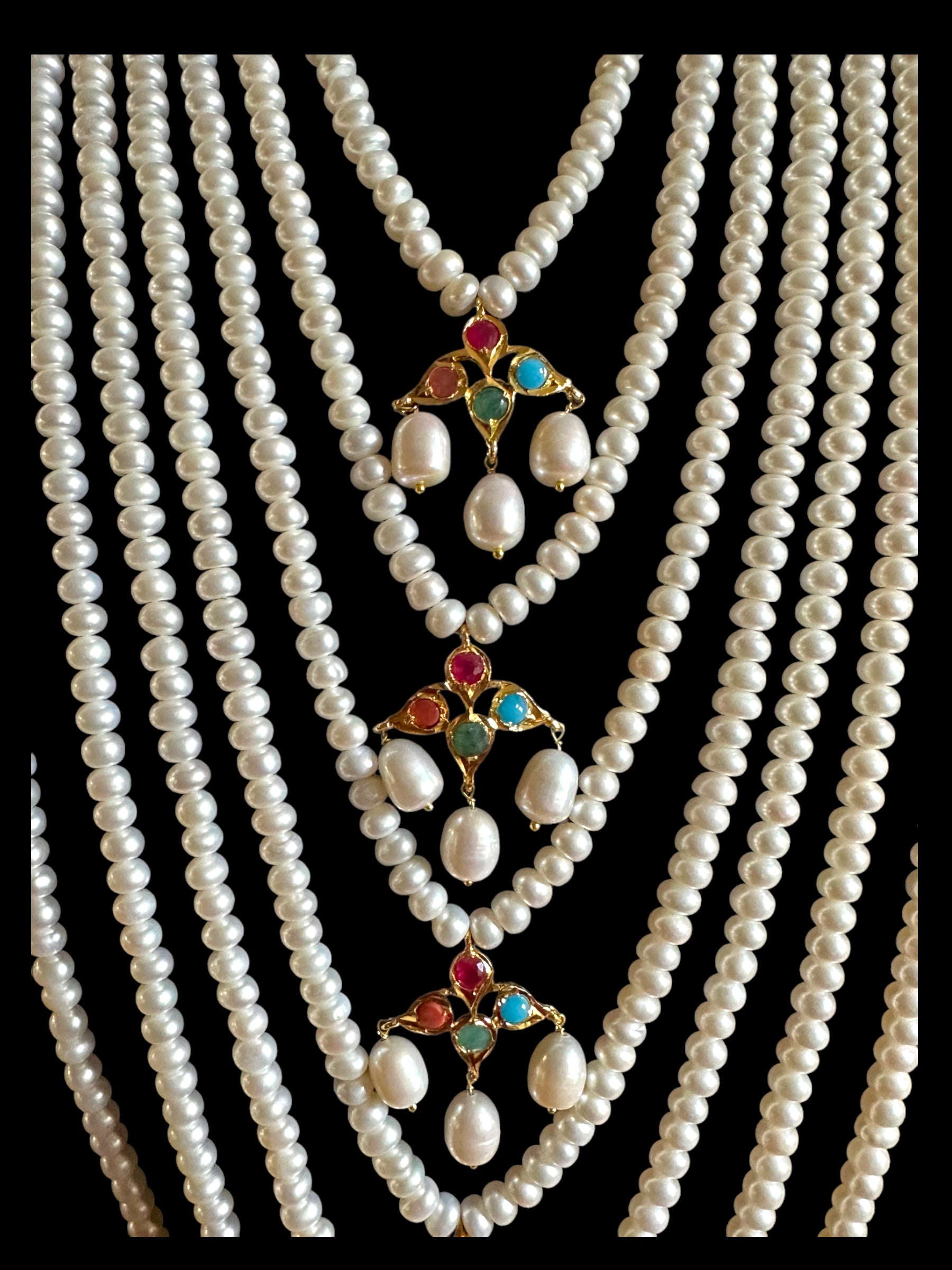 Hyderabadi Navratan satlada in gold plated silver with fresh water pearls (SHIPS IN 5 WEEKS  )