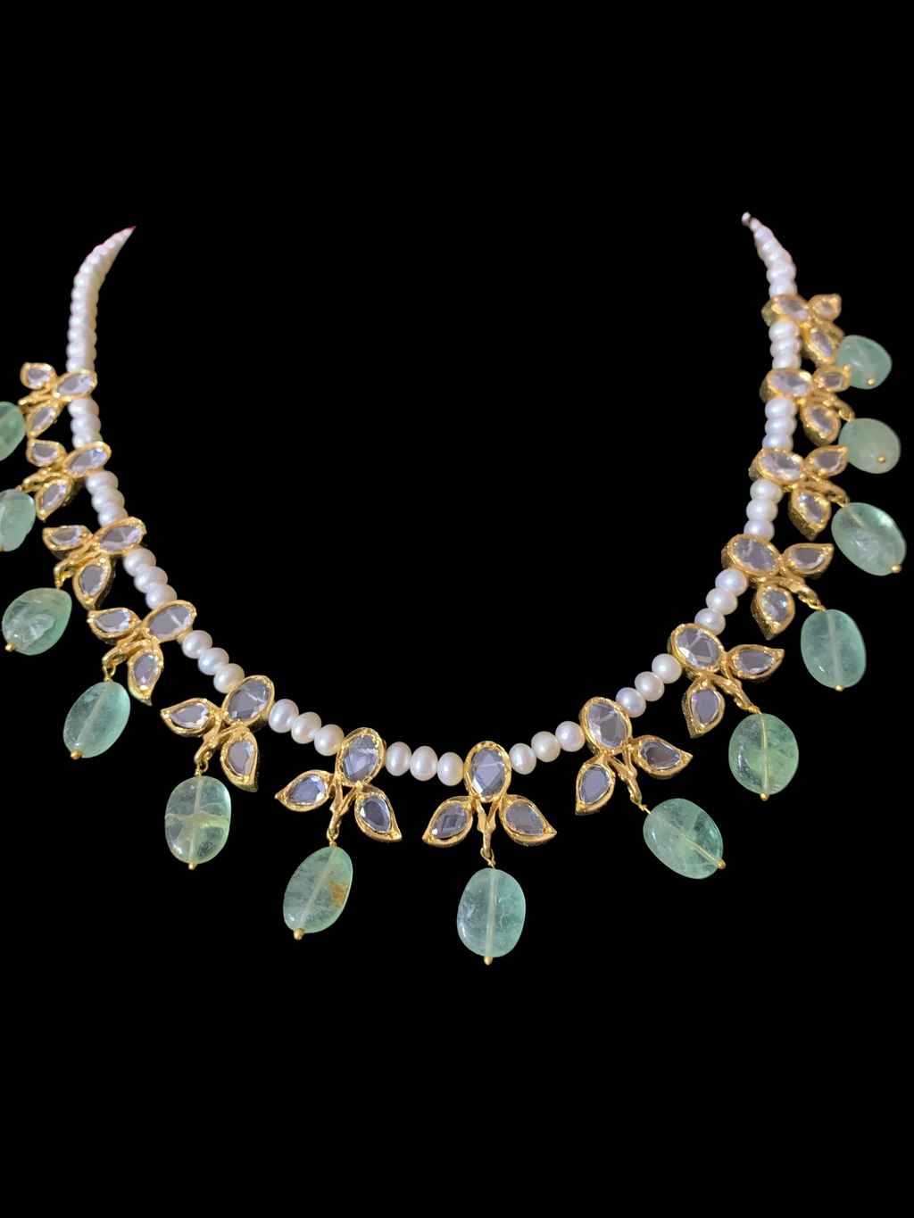 ZAFRIN gold plated silver necklace set in emerald beads  ( SHIPS IN 4 WEEKS )