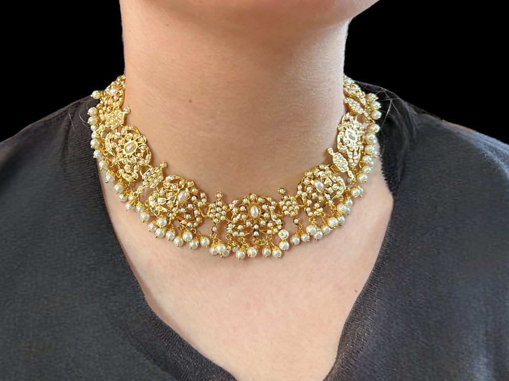 DNS14 Niyati pearl jadau necklace with earrings tika ( READY TO SHIP )