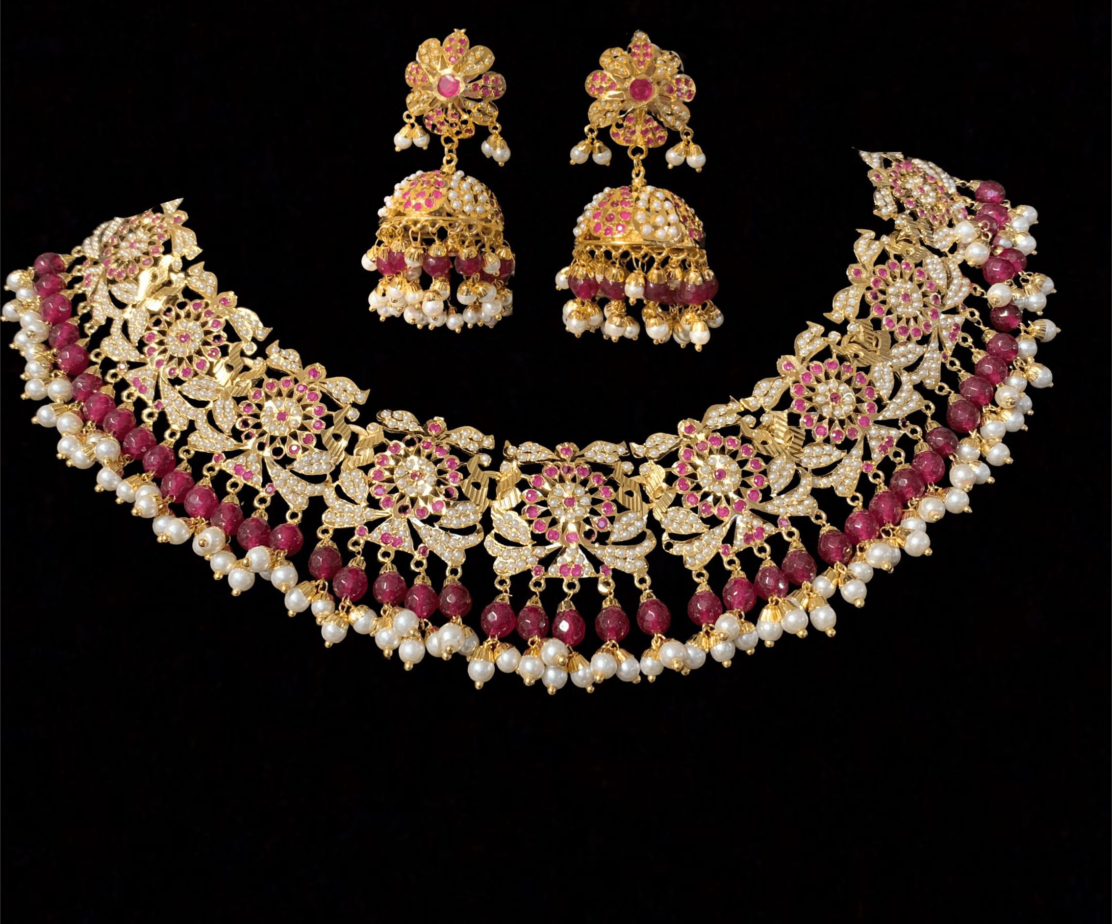 NS163 Rashmika jadau necklace with jhumka ( rubies ) ( READY TO SHIP  )