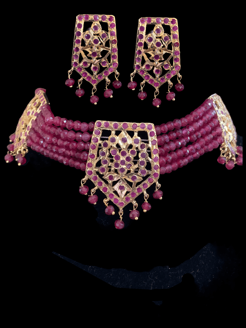 C102  Indu Hyderabadi Jadau choker with earrings In ruby beads ( SHIPS IN 3 WEEKS )