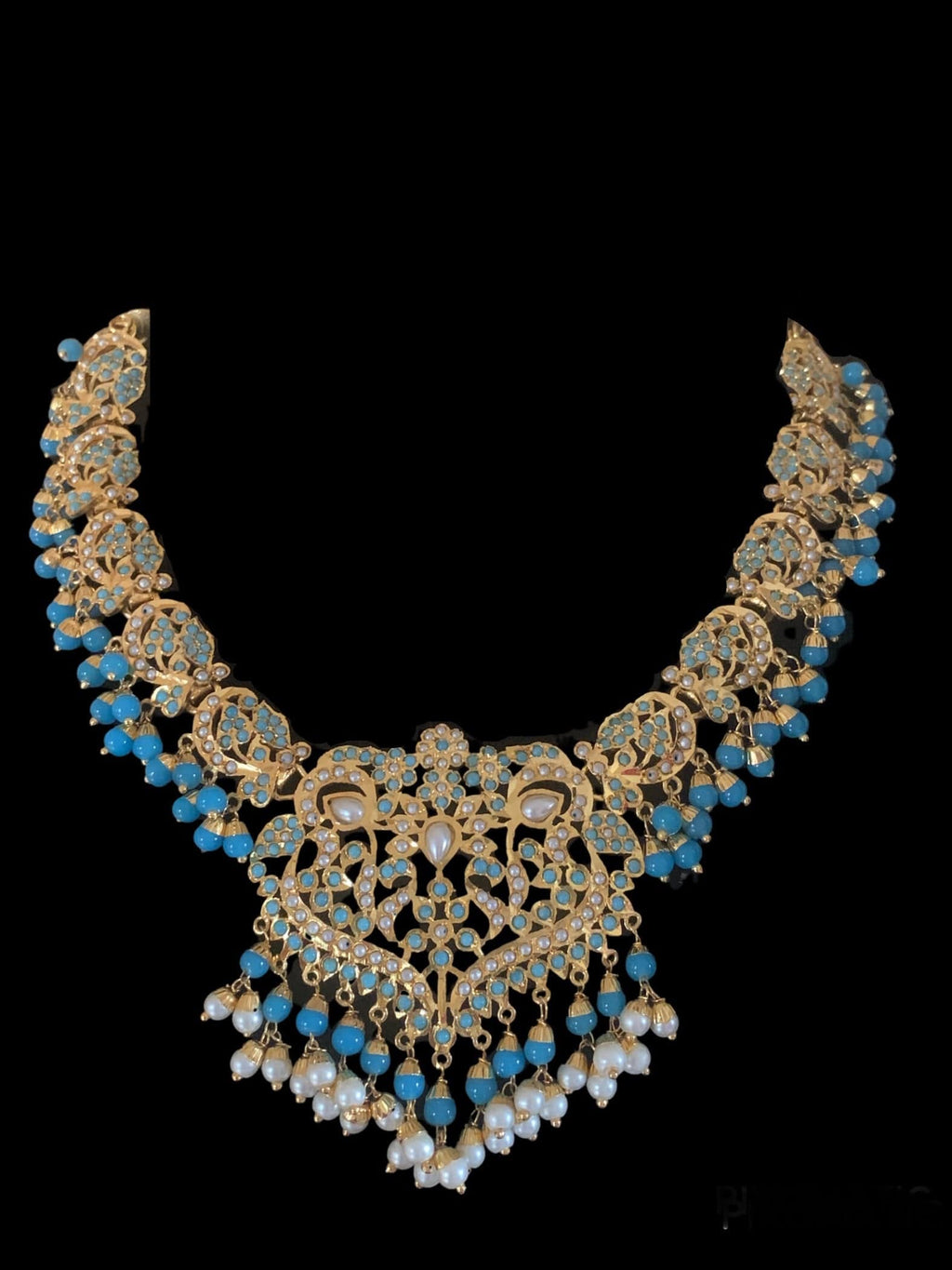 DNS25 Neeli jadau pearl necklace with earrings tika in turquoise (SHIPS IN 4 WEEKS  )