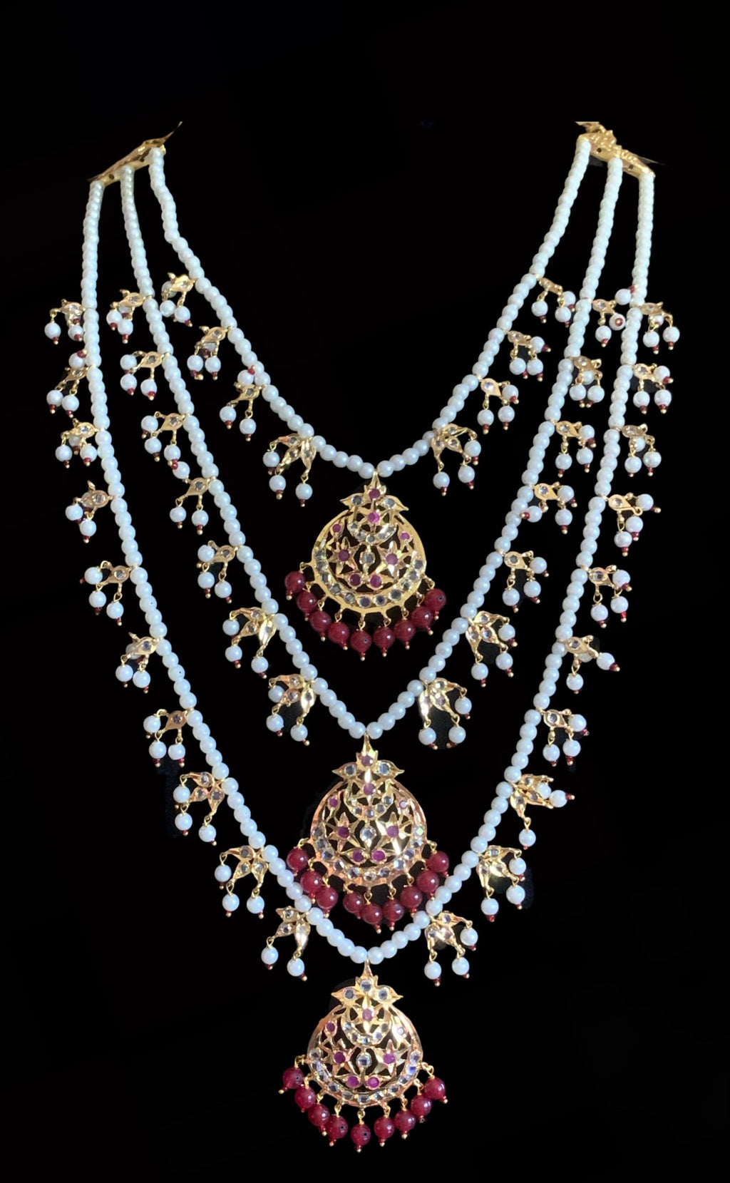 Tooba ruby three layered pearl necklace with earrings and Tika (SHIPS IN 4 WEEKS )