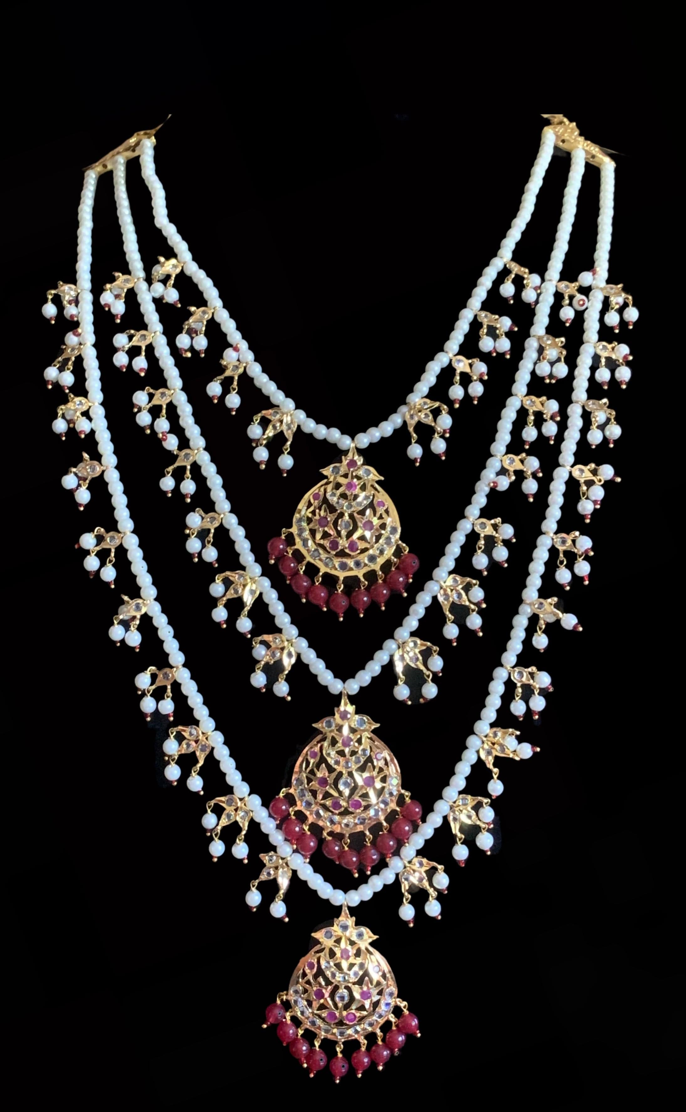 Tooba ruby three layered pearl necklace with earrings and Tika (SHIPS IN 4 WEEKS )