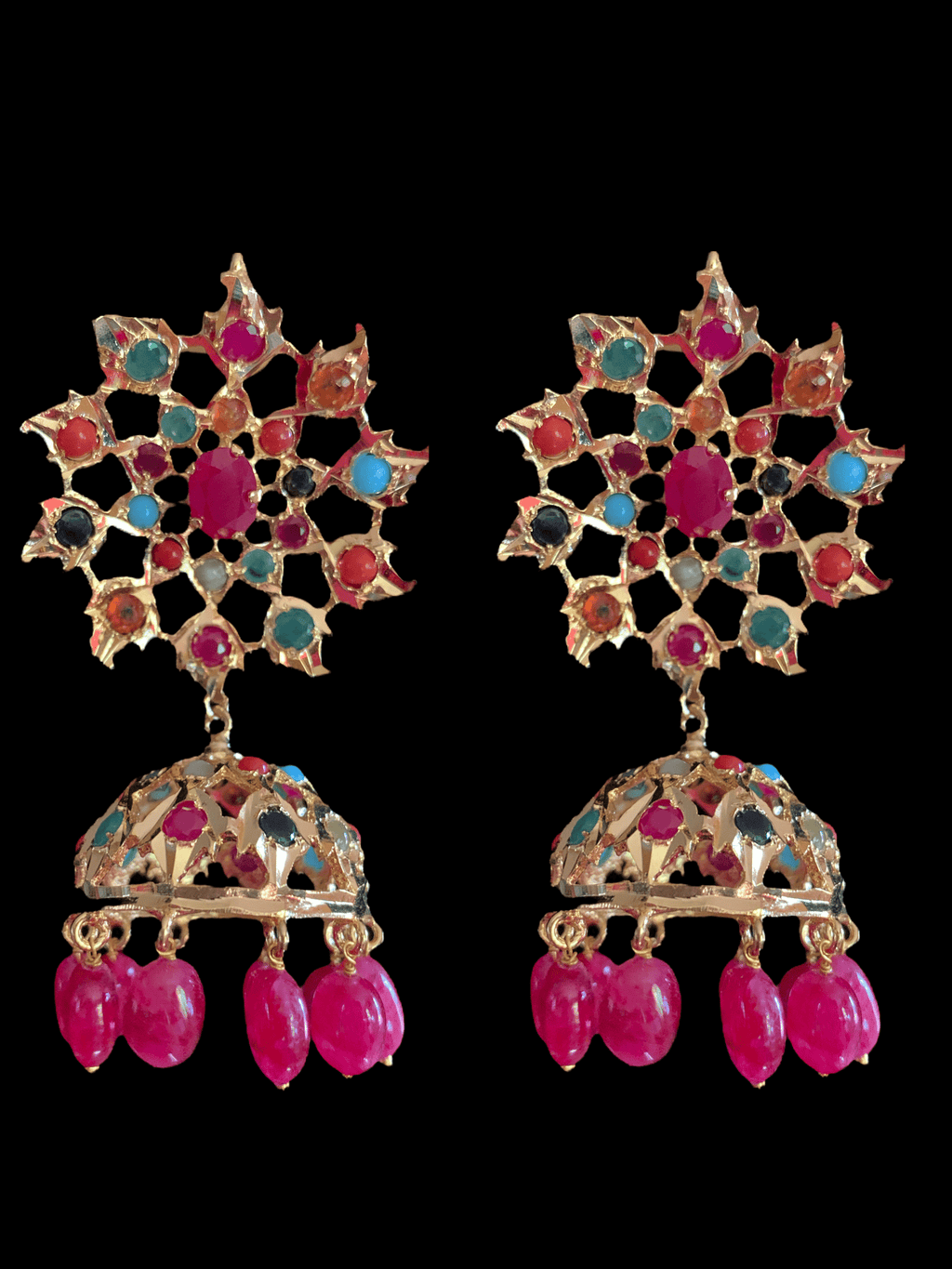 PS510 Navratan Tirmani Necklace with Oversized Jhumka Earrings – Gold-Plated Jewelry with Freshwater Pearls and Real Ruby Beads  ( READY TO SHIP )