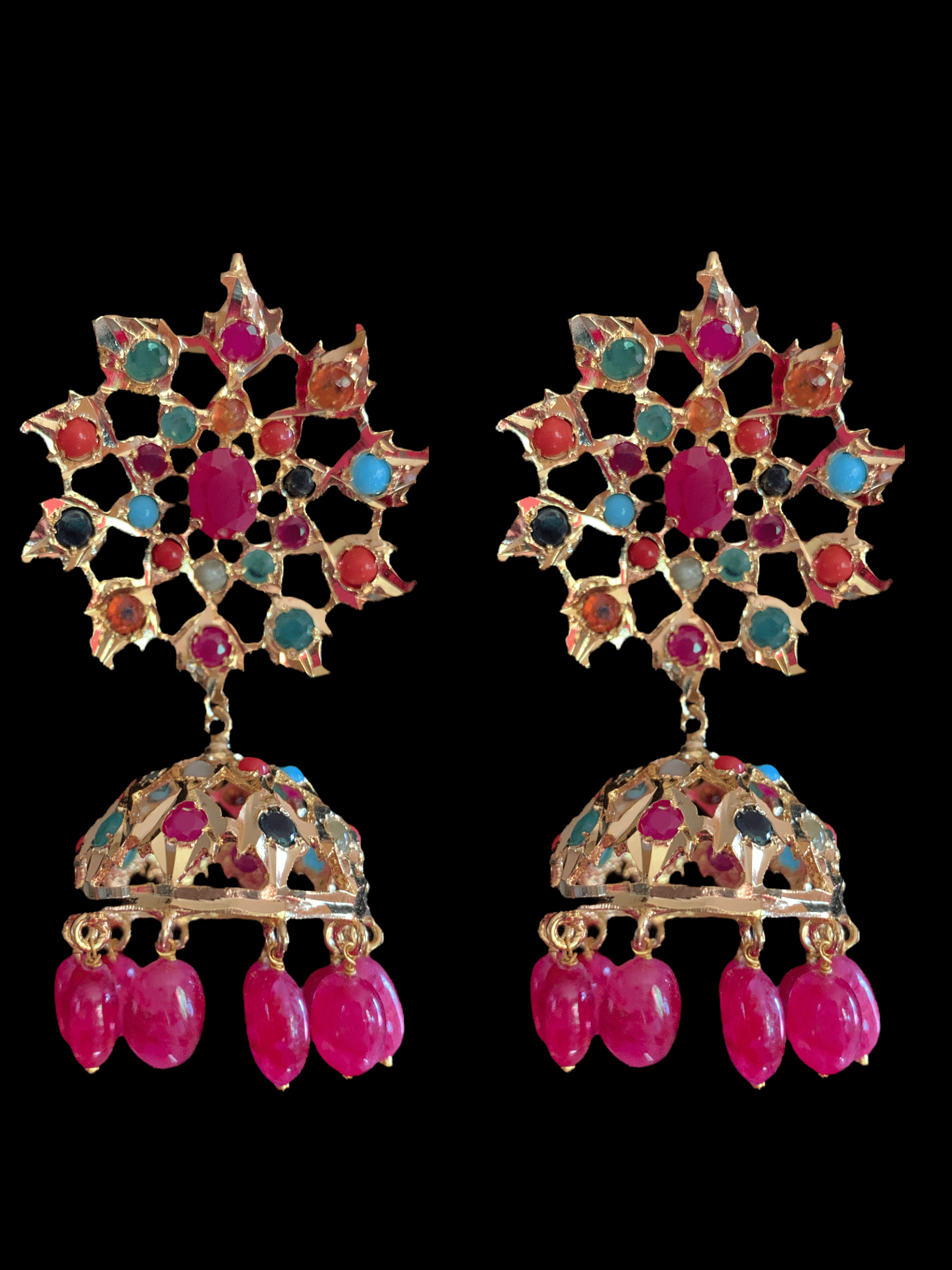 PS510 Navratan Tirmani Necklace with Oversized Jhumka Earrings – Gold-Plated Jewelry with Freshwater Pearls and Real Ruby Beads  ( READY TO SHIP )