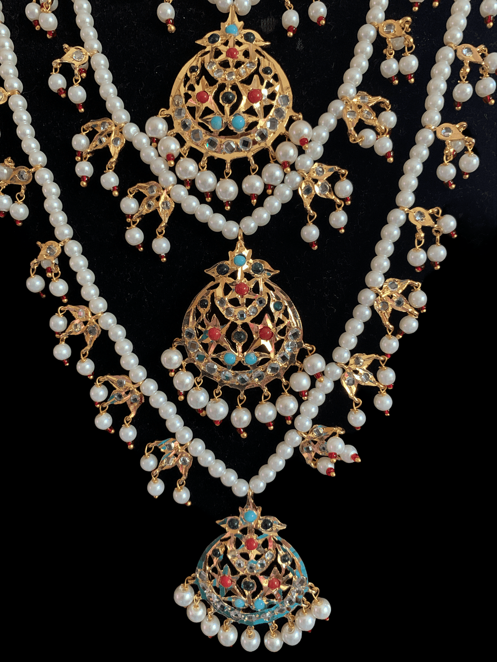 SAT23 Tooba ruby three layered pearl necklace with earrings and Tika - navratan  (READY TO SHIP )
