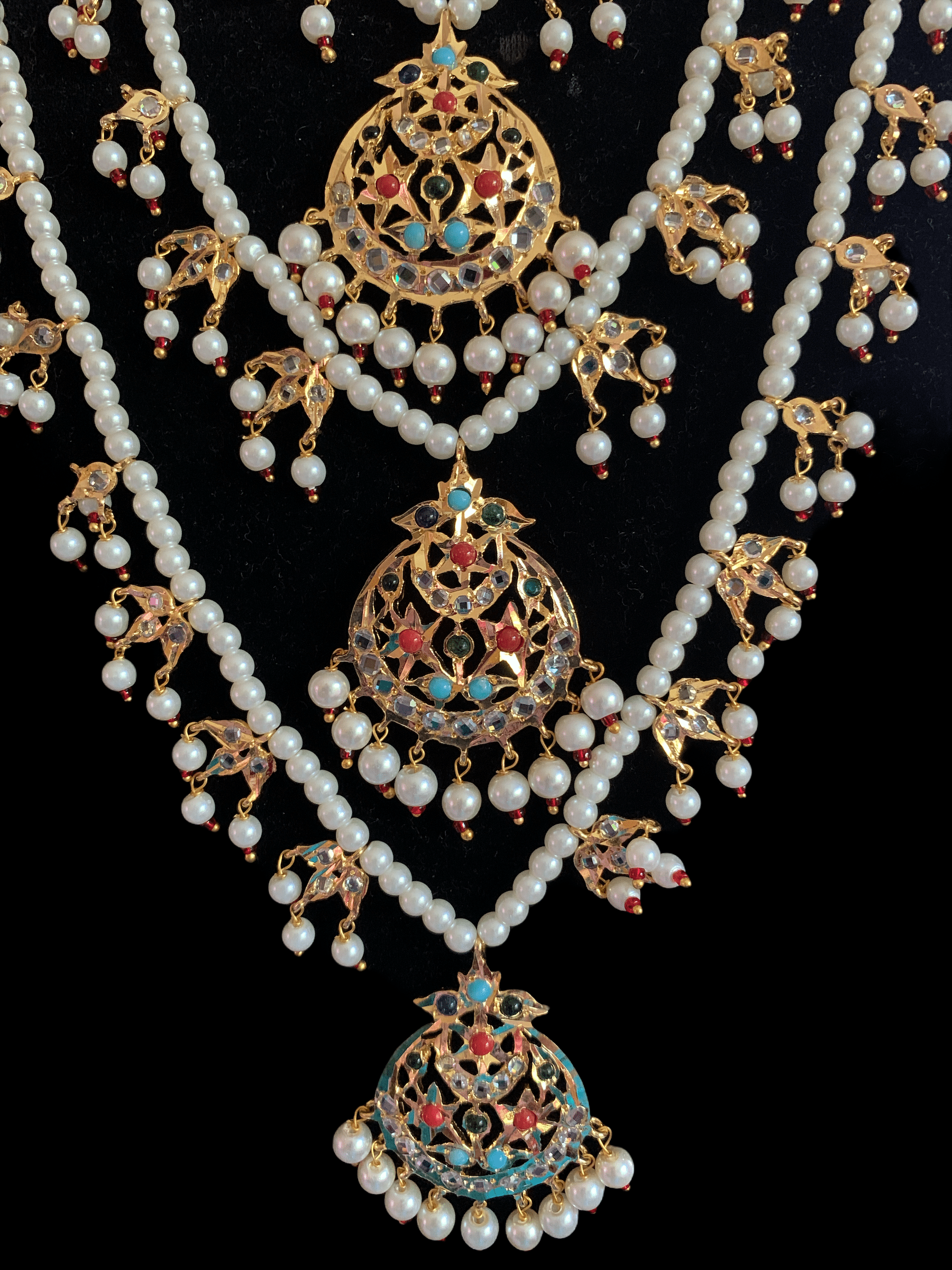 SAT23 Tooba ruby three layered pearl necklace with earrings and Tika - navratan  (READY TO SHIP )