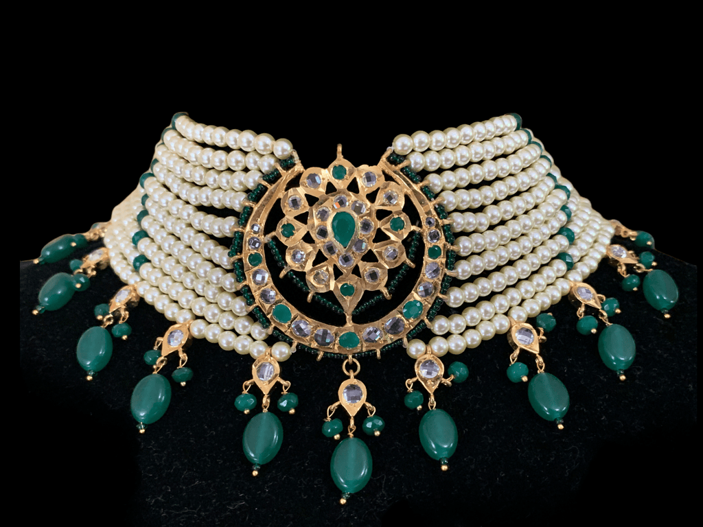 C103 Noor choker set in green with golden pearls (SHIPS IN 3 WEEKS )