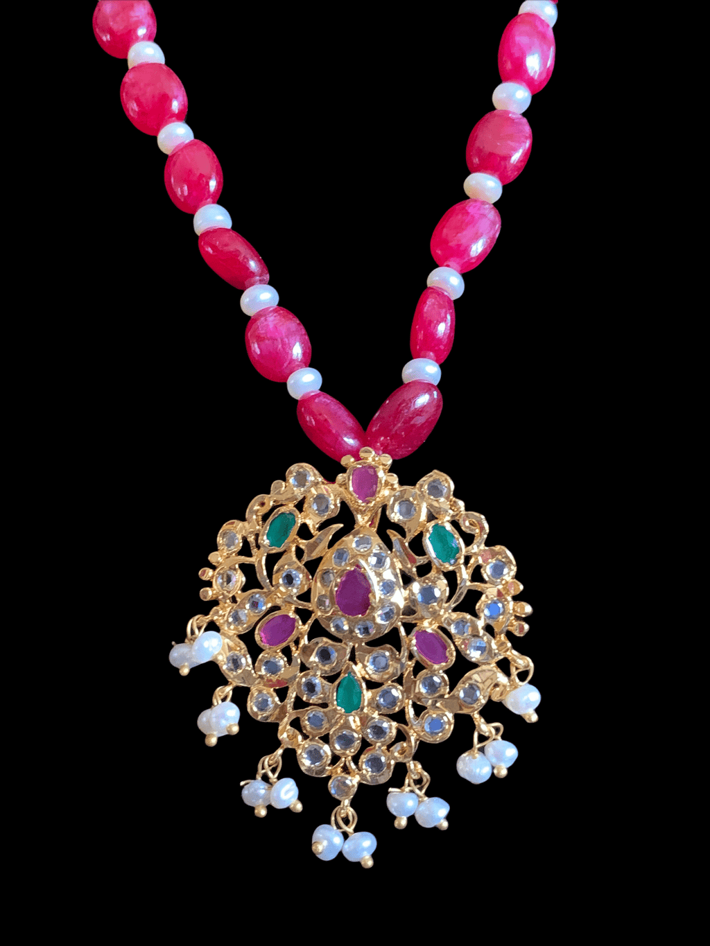 PS513 Hania hyderabadi pendant set in ruby emerald  ( READY TO SHIP )