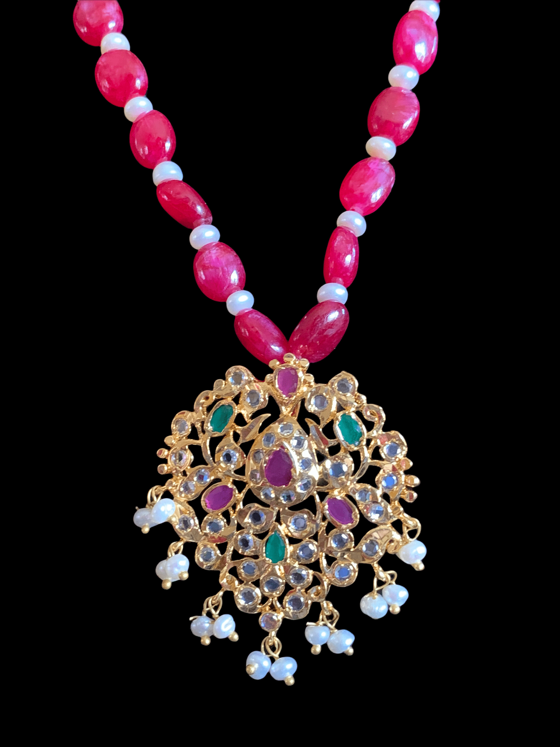 PS513 Hania hyderabadi pendant set in ruby emerald  ( READY TO SHIP )