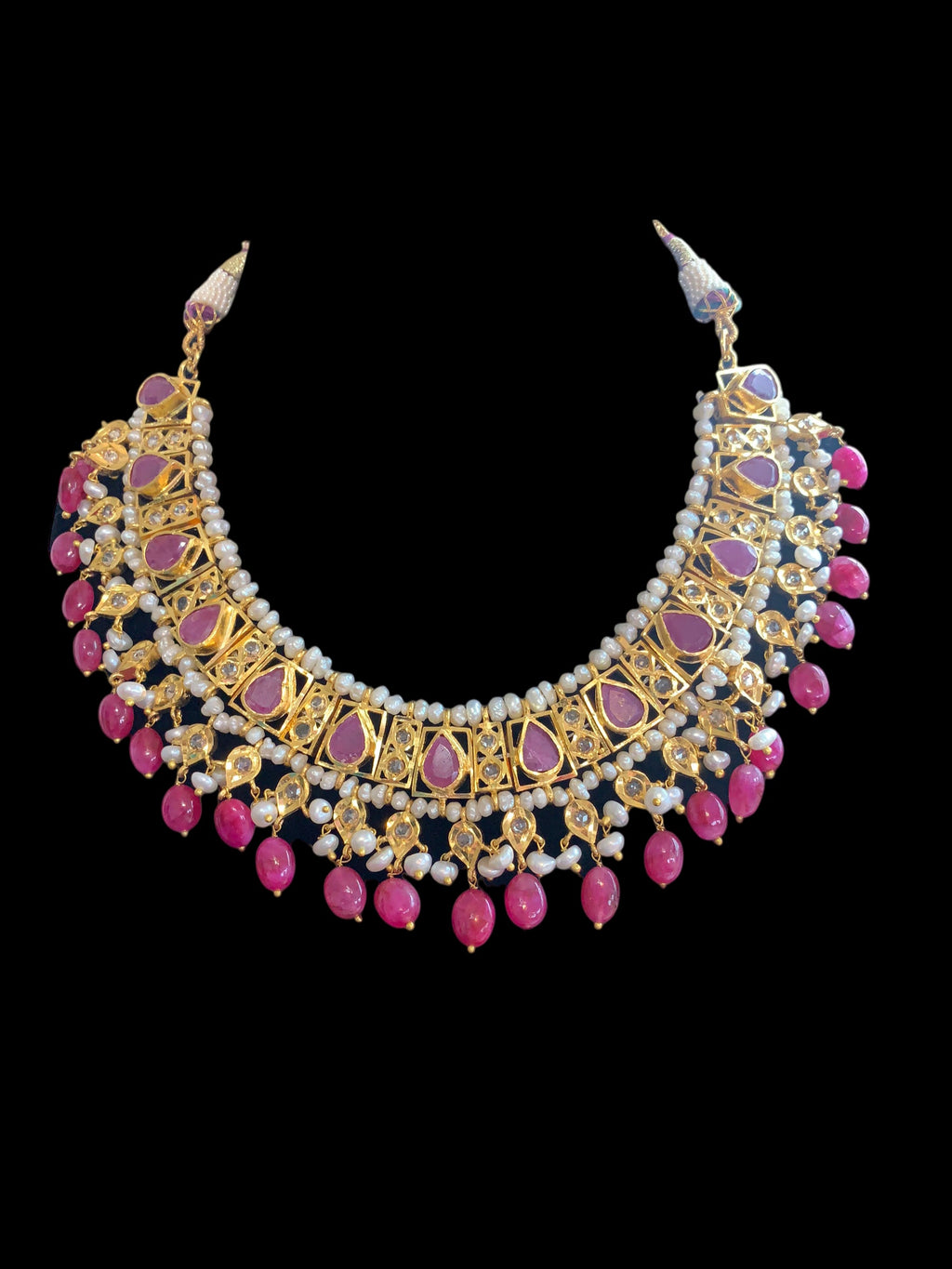 RAKIBA gold plated silver necklace set in ruby with fresh water pearls ( SHIPS IN 4 WEEKS )