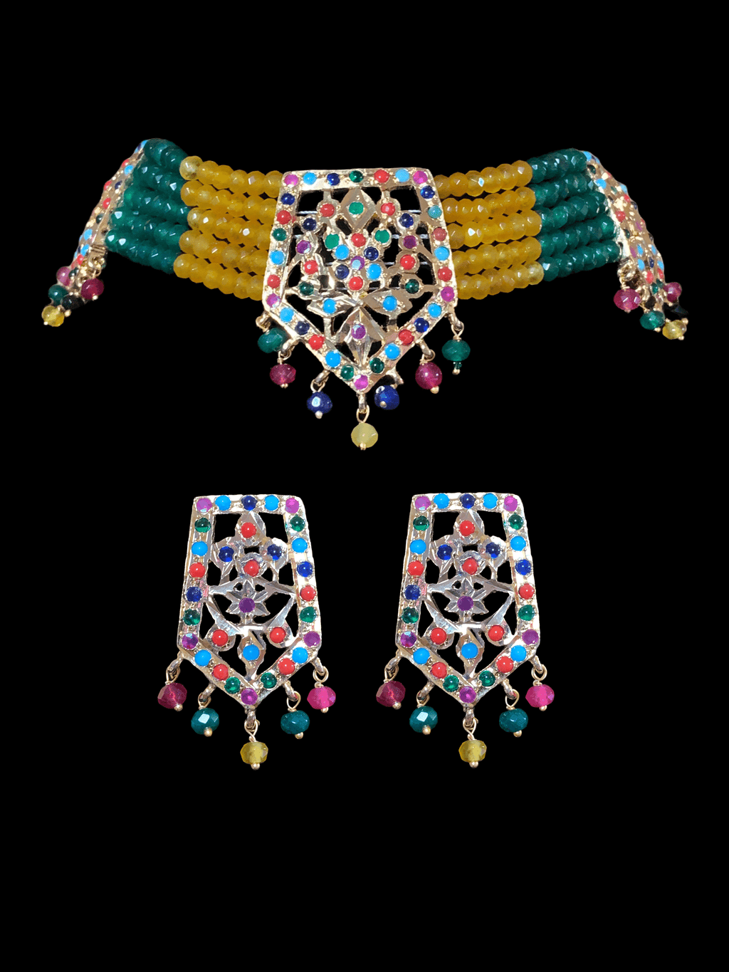 C88 Indu Hyderabadi Jadau choker with earrings In Navratan beads ( SHIPS IN 3 WEEKS )