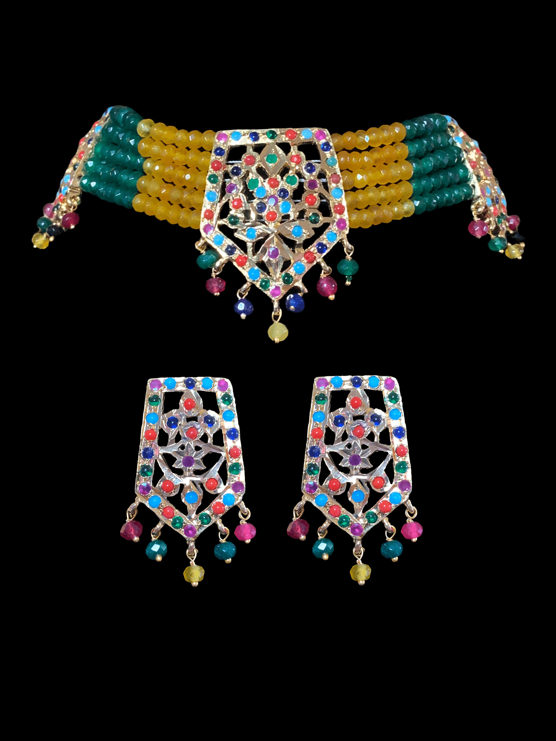 C88 Indu Hyderabadi Jadau choker with earrings In Navratan beads ( SHIPS IN 3 WEEKS )
