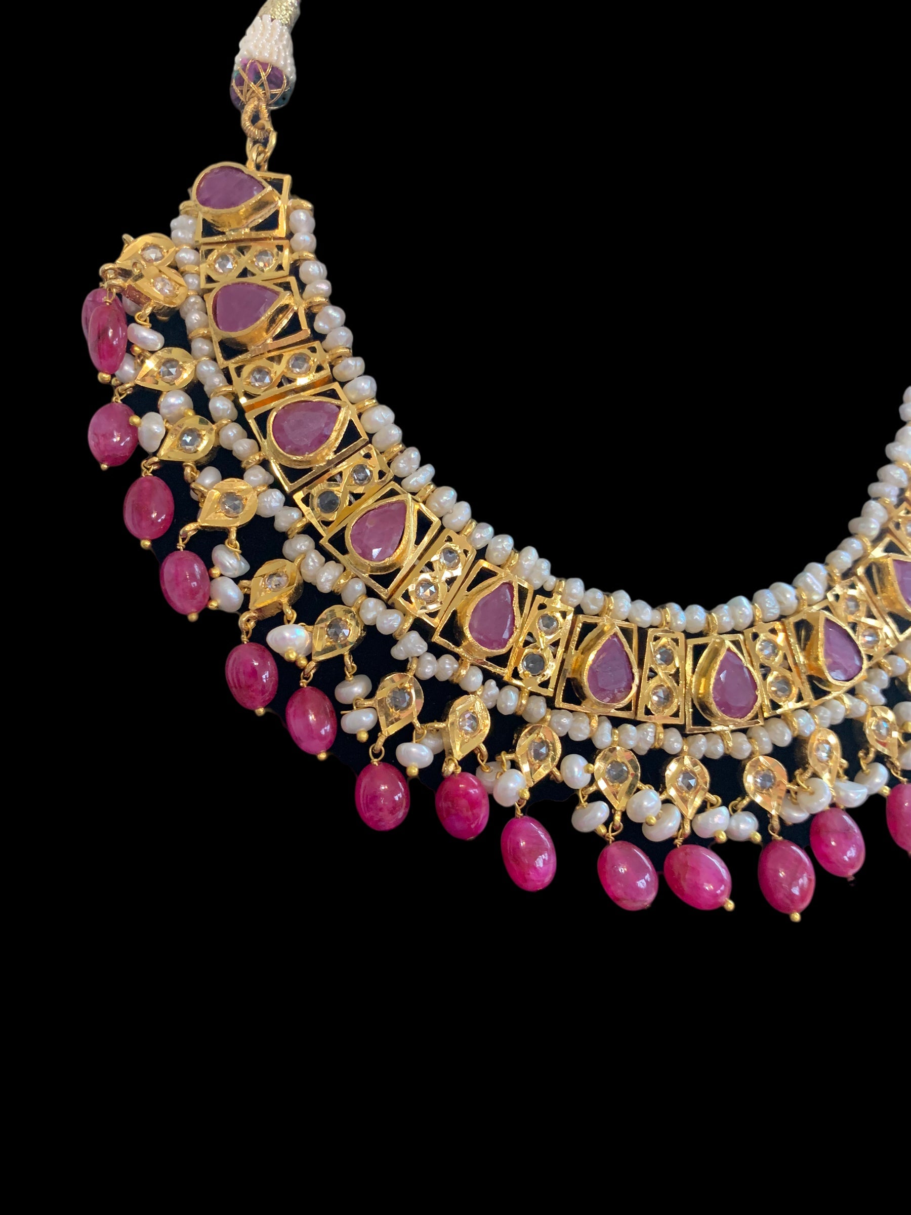 RAKIBA gold plated silver necklace set in ruby with fresh water pearls ( SHIPS IN 4 WEEKS )
