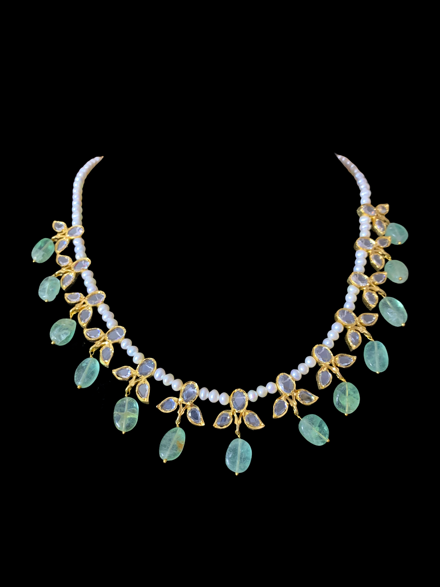 ZAFRIN gold plated silver necklace set in emerald beads  ( SHIPS IN 4 WEEKS )