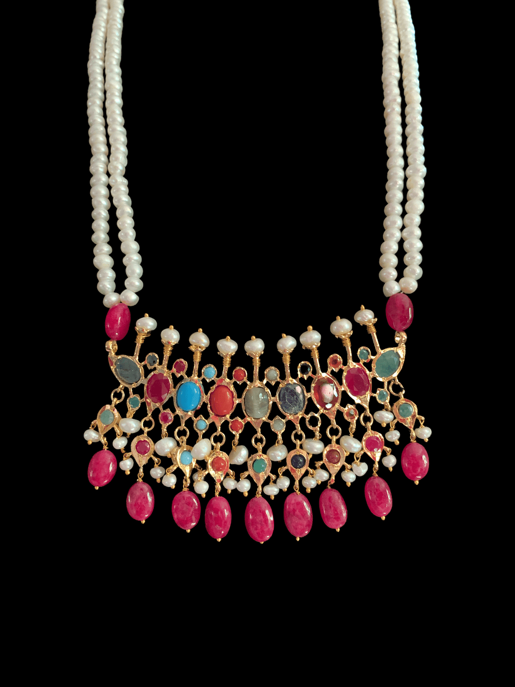 PS510 Navratan Tirmani Necklace with Oversized Jhumka Earrings – Gold-Plated Jewelry with Freshwater Pearls and Real Ruby Beads  ( READY TO SHIP )