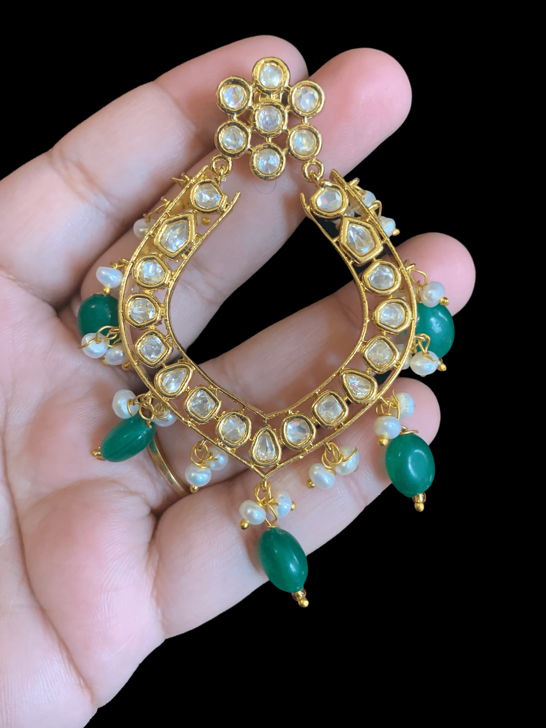 DER110 Elara polki earrings in fresh water pearls- green   ( READY TO SHIP )